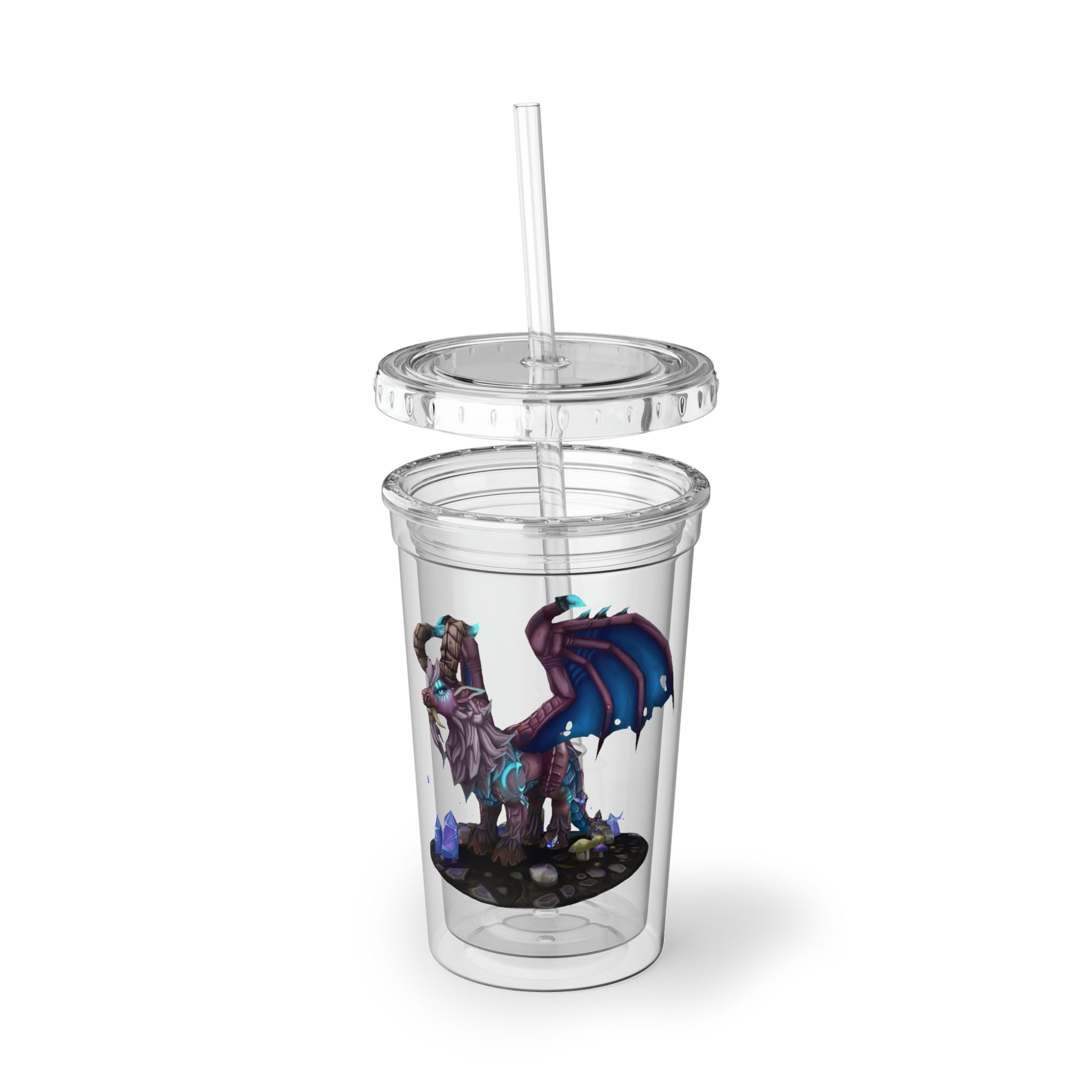 Deviant Dungeon Lurker Suave Acrylic Cup with vibrant artwork, double-wall insulation, and a plastic lid and straw.