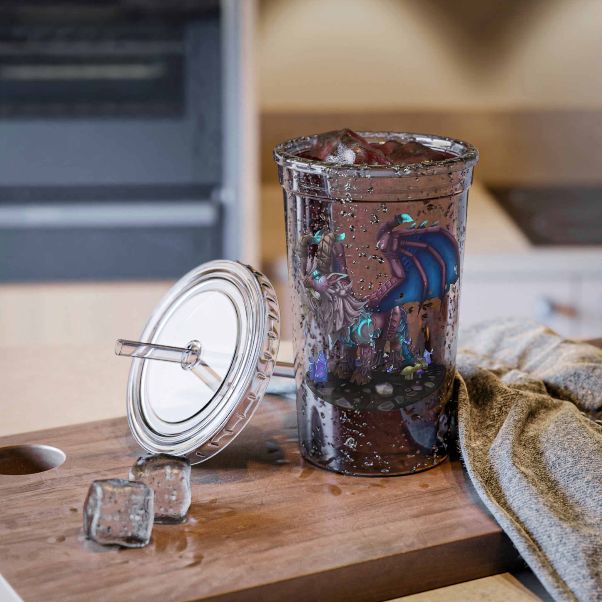 Deviant Dungeon Lurker Suave Acrylic Cup with vibrant artwork, double-wall insulation, and a plastic lid and straw.