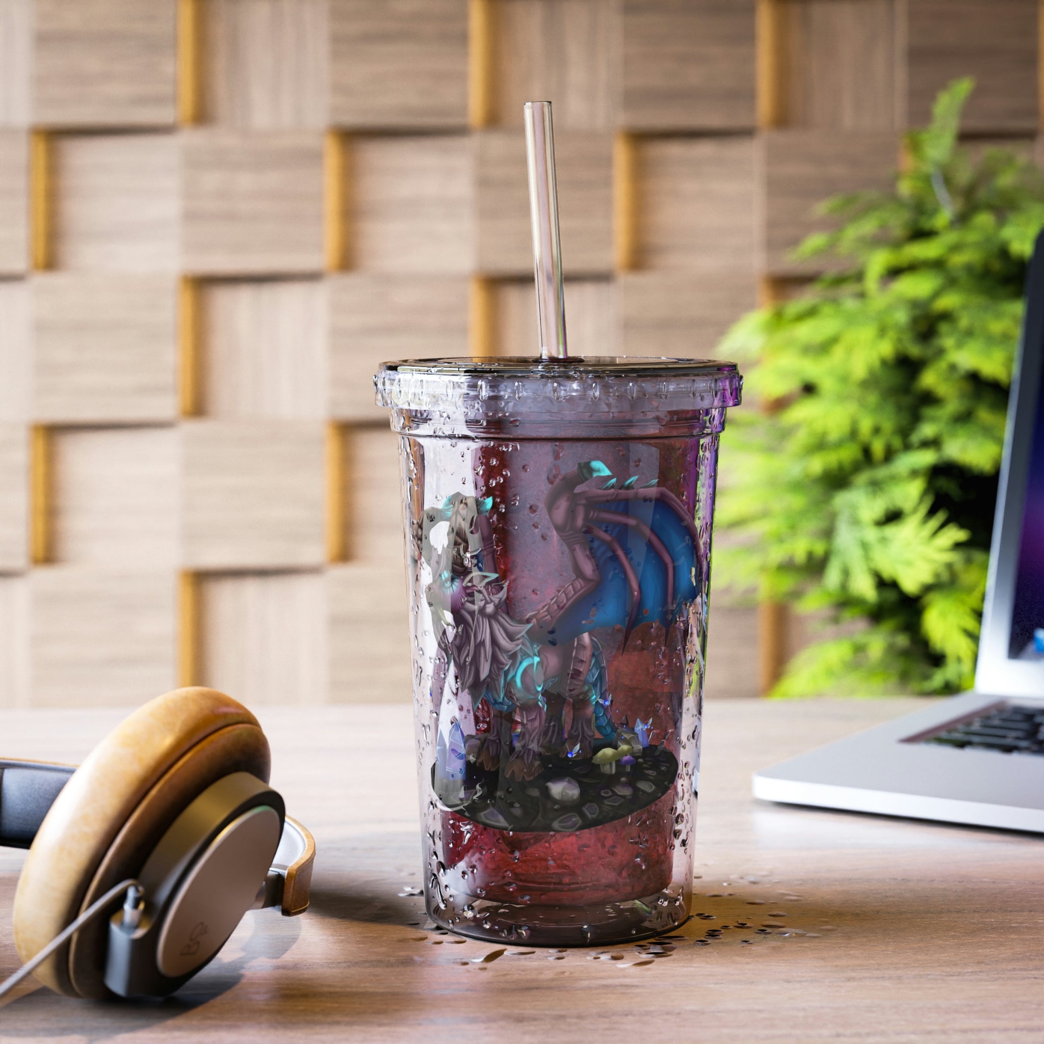 Deviant Dungeon Lurker Suave Acrylic Cup with vibrant artwork, double-wall insulation, and a plastic lid and straw.