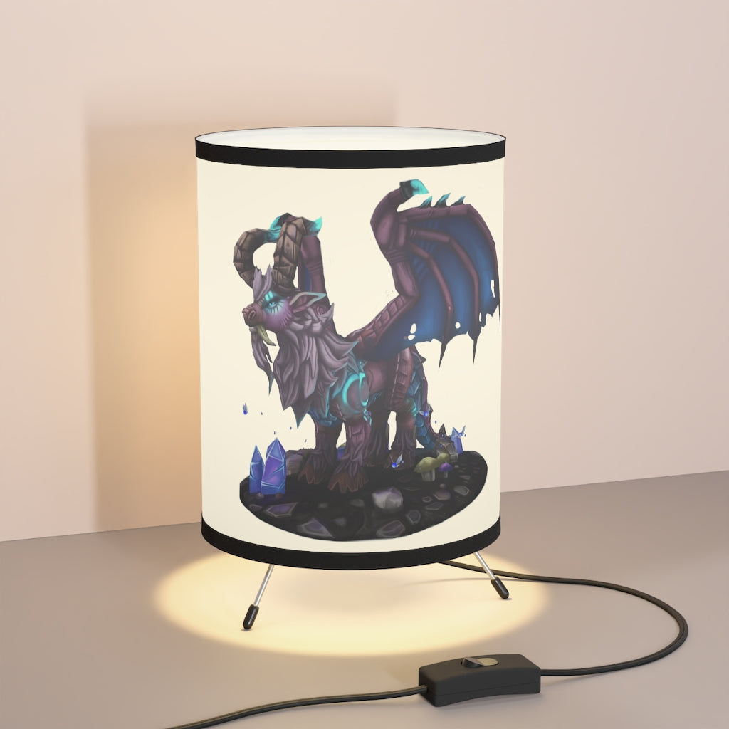 Deviant Dungeon Lurker Tripod Lamp showcasing a galvanized steel base and a custom high-resolution printed shade, perfect for home decor.