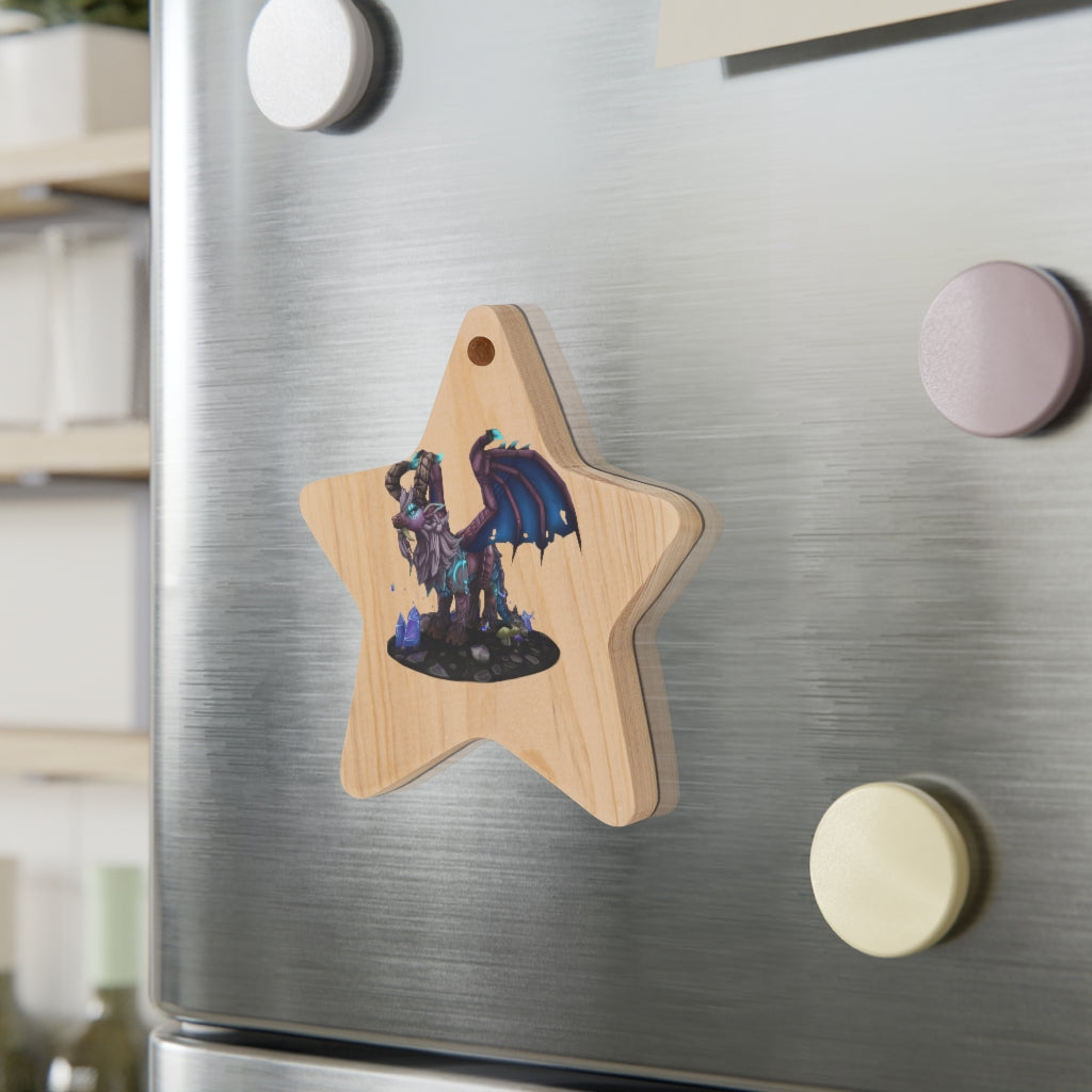 Deviant Dungeon Lurker Wooden Christmas Ornaments in various whimsical shapes, featuring a rustic wooden finish and red hanging ribbons.