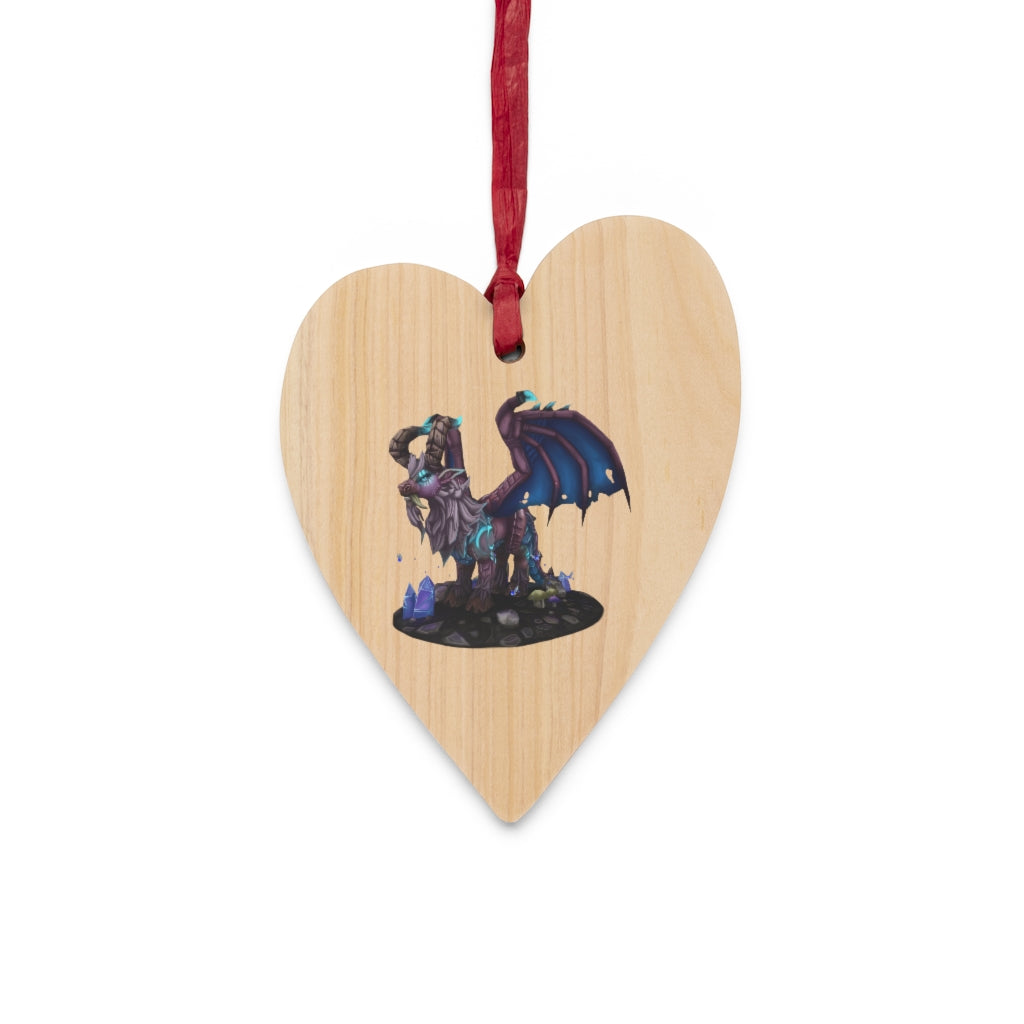 Deviant Dungeon Lurker Wooden Christmas Ornaments in various whimsical shapes, featuring a rustic wooden finish and red hanging ribbons.