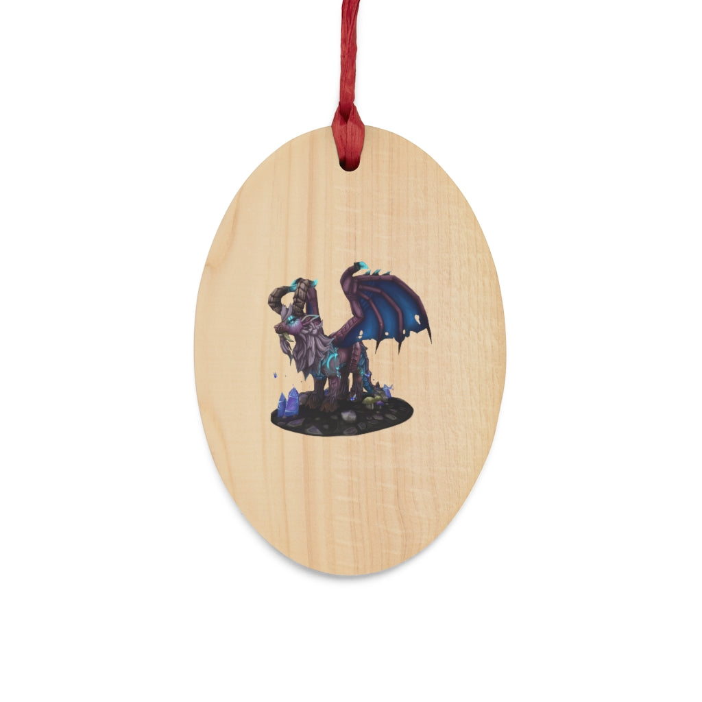 Deviant Dungeon Lurker Wooden Christmas Ornaments in various whimsical shapes, featuring a rustic wooden finish and red hanging ribbons.