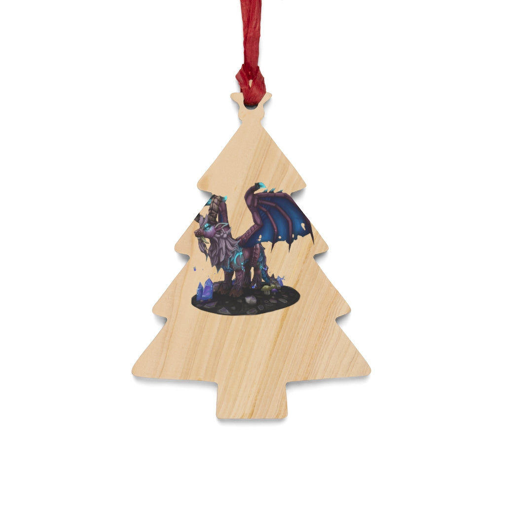 Deviant Dungeon Lurker Wooden Christmas Ornaments in various whimsical shapes, featuring a rustic wooden finish and red hanging ribbons.