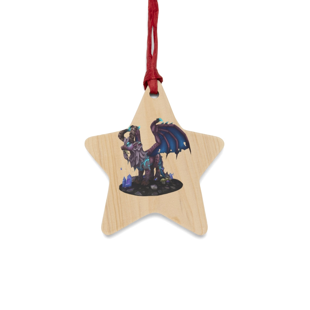 Deviant Dungeon Lurker Wooden Christmas Ornaments in various whimsical shapes, featuring a rustic wooden finish and red hanging ribbons.