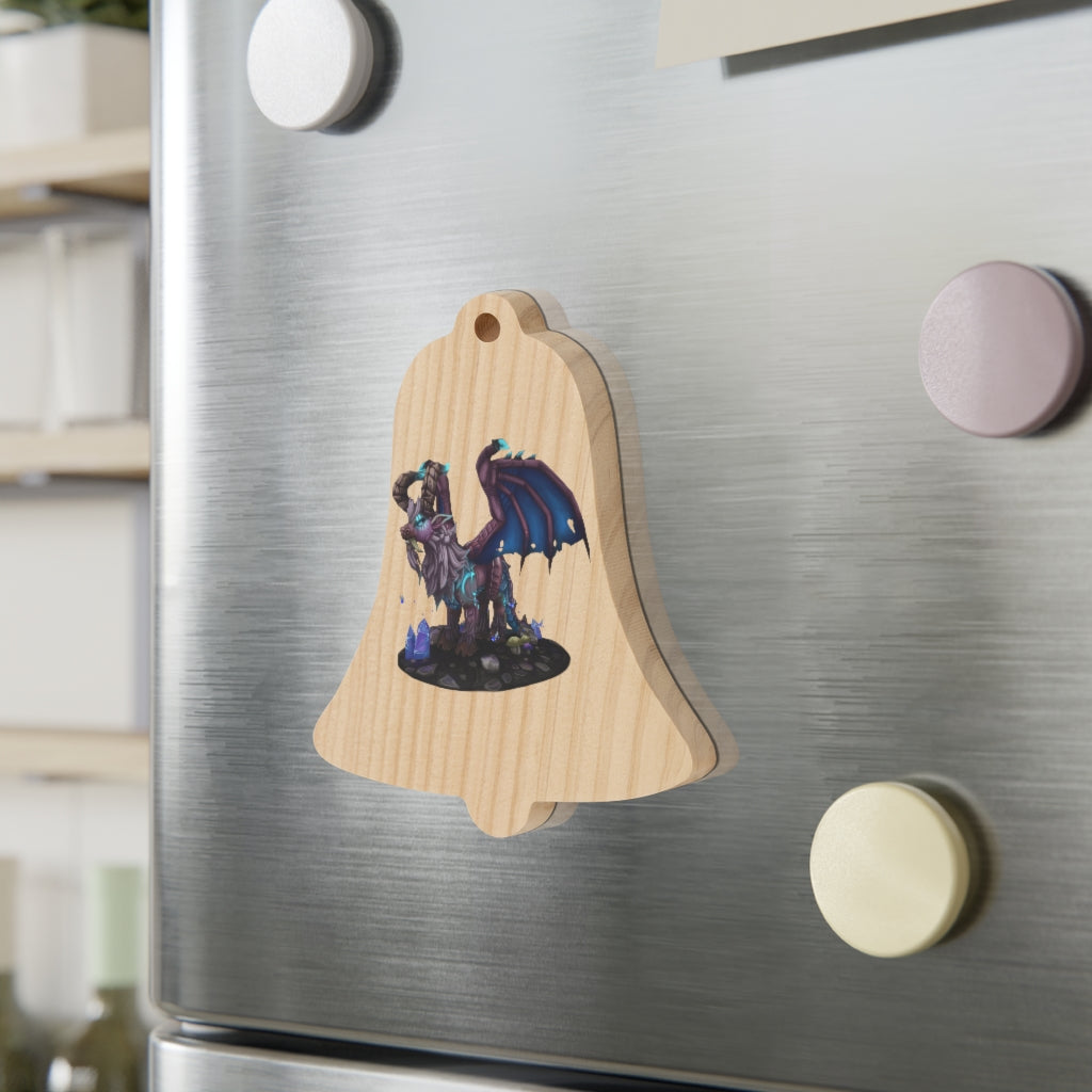 Deviant Dungeon Lurker Wooden Christmas Ornaments in various whimsical shapes, featuring a rustic wooden finish and red hanging ribbons.