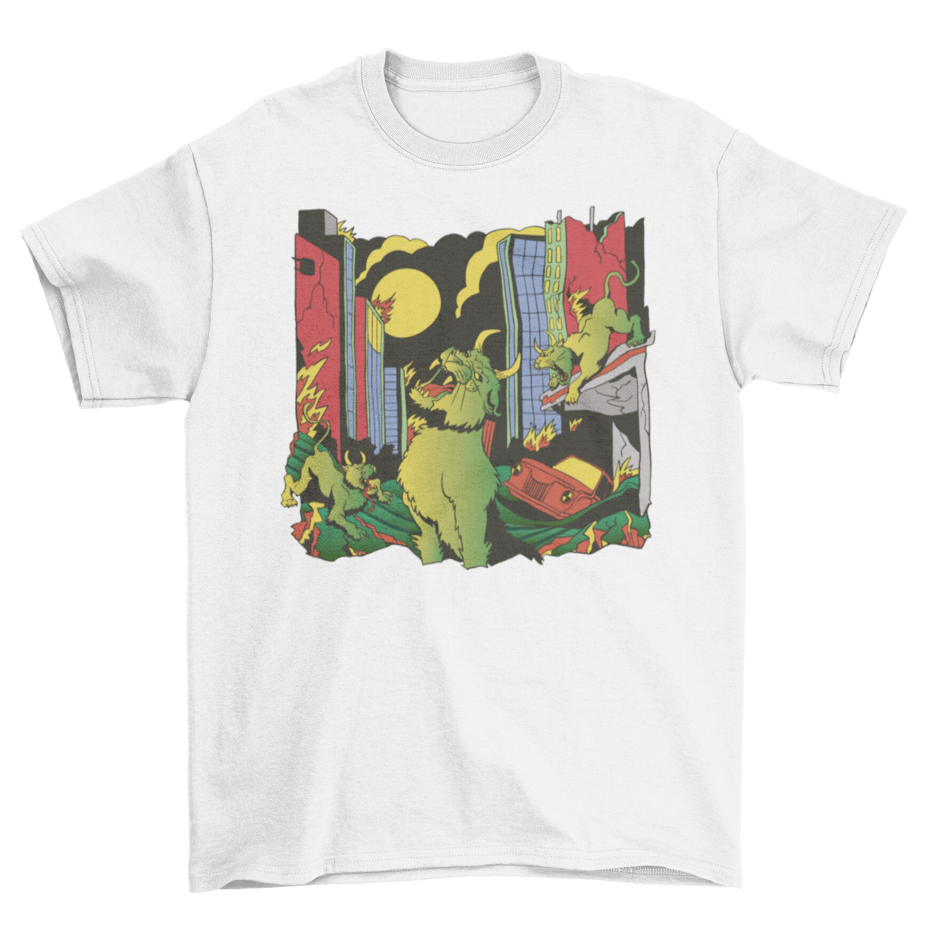 A vibrant t-shirt featuring a whimsical design of demon cats attacking a city skyline, showcasing colorful graphics.