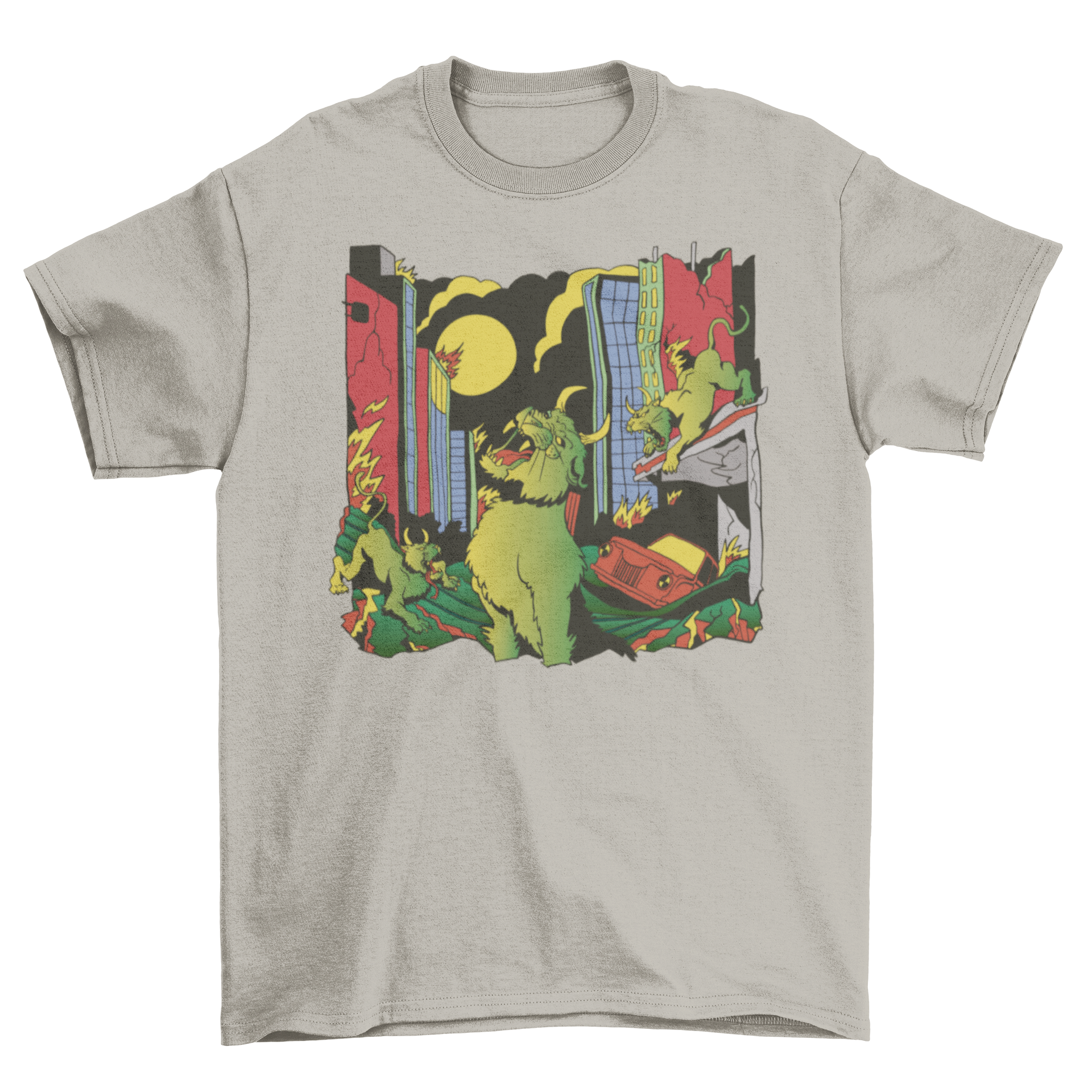A vibrant t-shirt featuring a whimsical design of demon cats attacking a city skyline, showcasing colorful graphics.