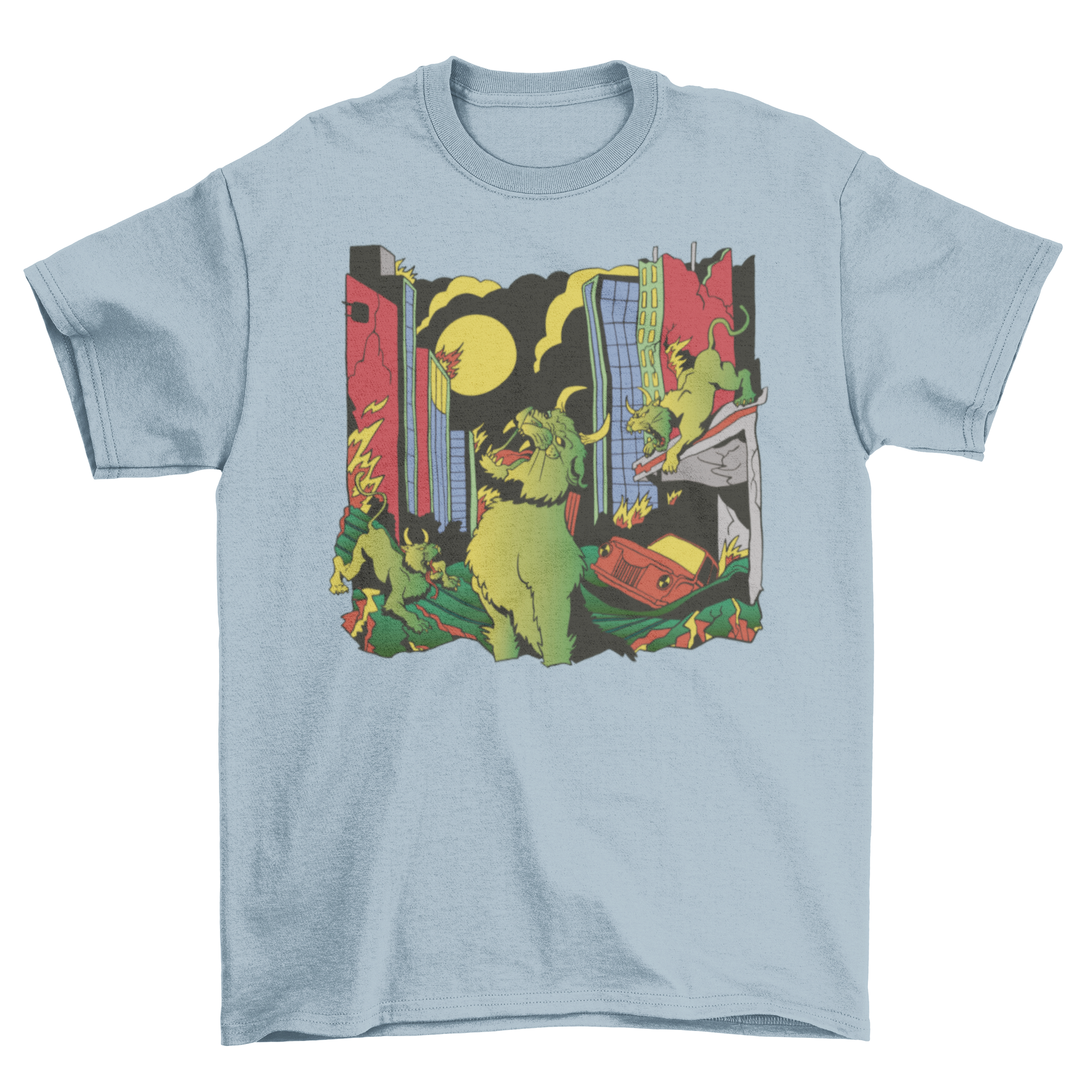 A vibrant t-shirt featuring a whimsical design of demon cats attacking a city skyline, showcasing colorful graphics.