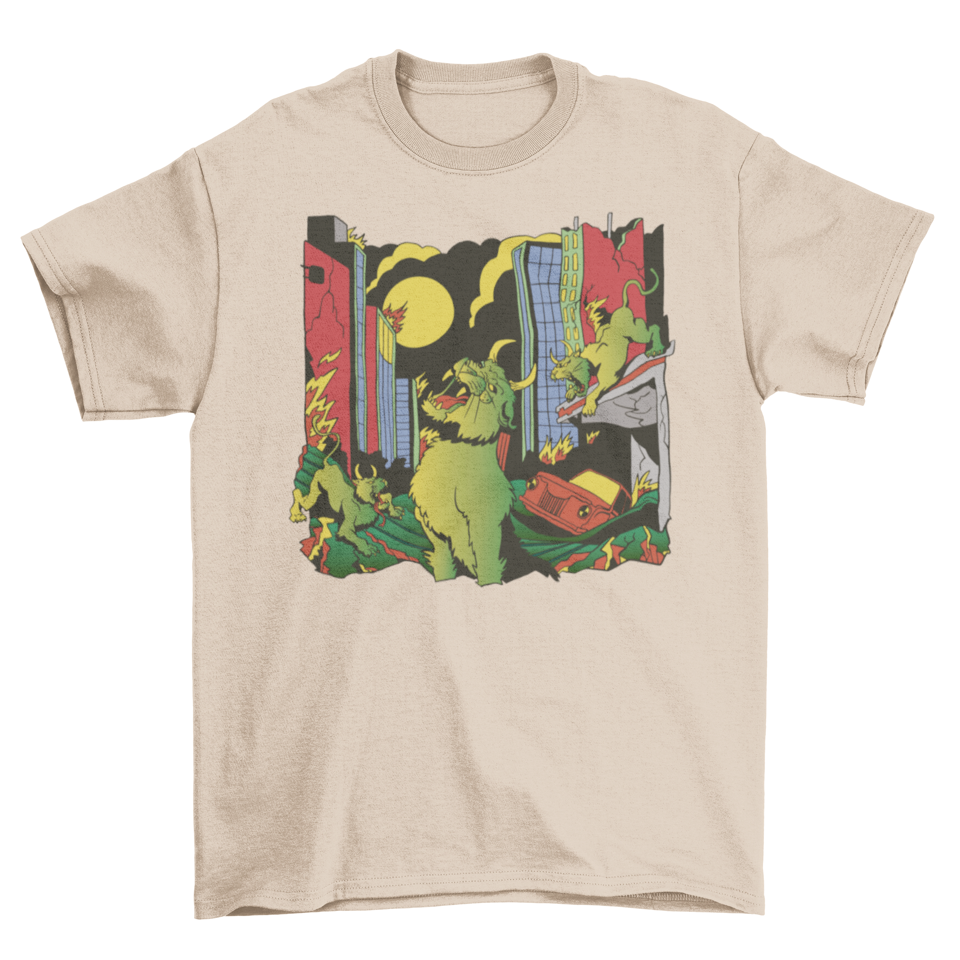 A vibrant t-shirt featuring a whimsical design of demon cats attacking a city skyline, showcasing colorful graphics.