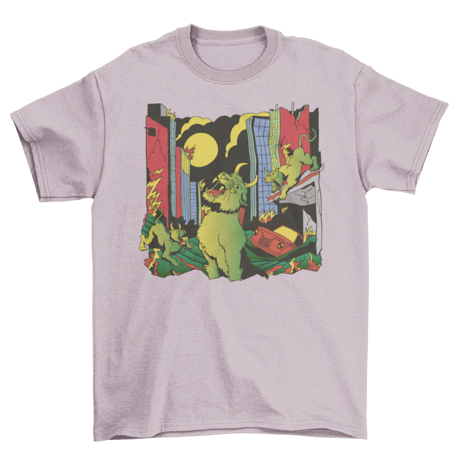 A vibrant t-shirt featuring a whimsical design of demon cats attacking a city skyline, showcasing colorful graphics.