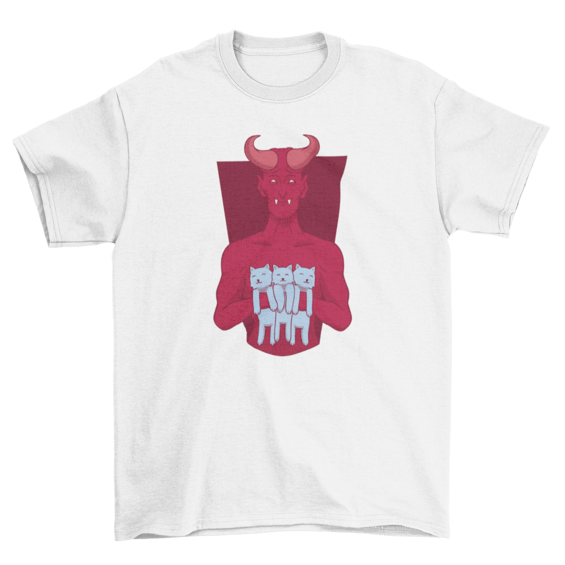 A playful t-shirt featuring a devil holding three adorable kittens, showcasing a whimsical design perfect for cat lovers.