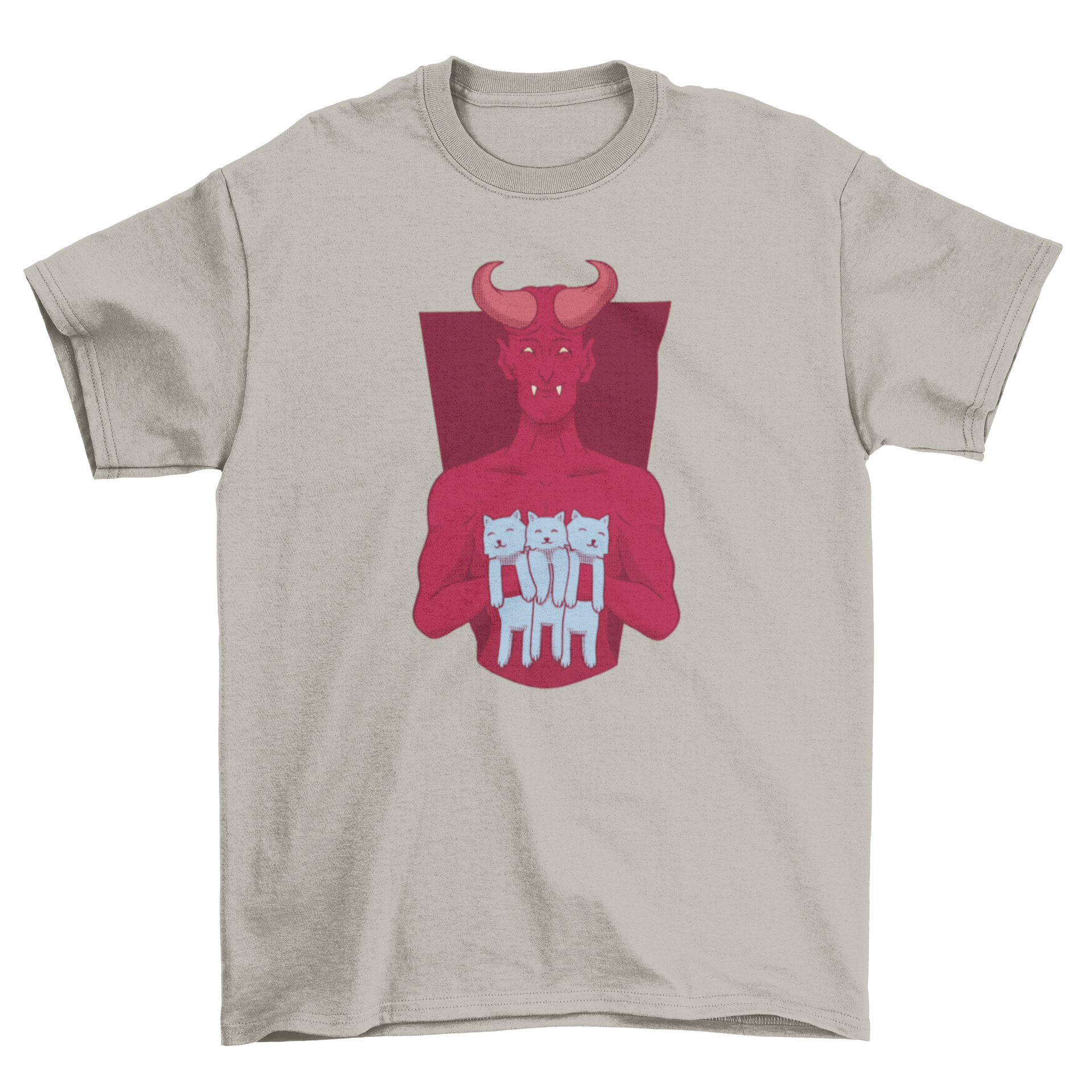 A playful t-shirt featuring a devil holding three adorable kittens, showcasing a whimsical design perfect for cat lovers.