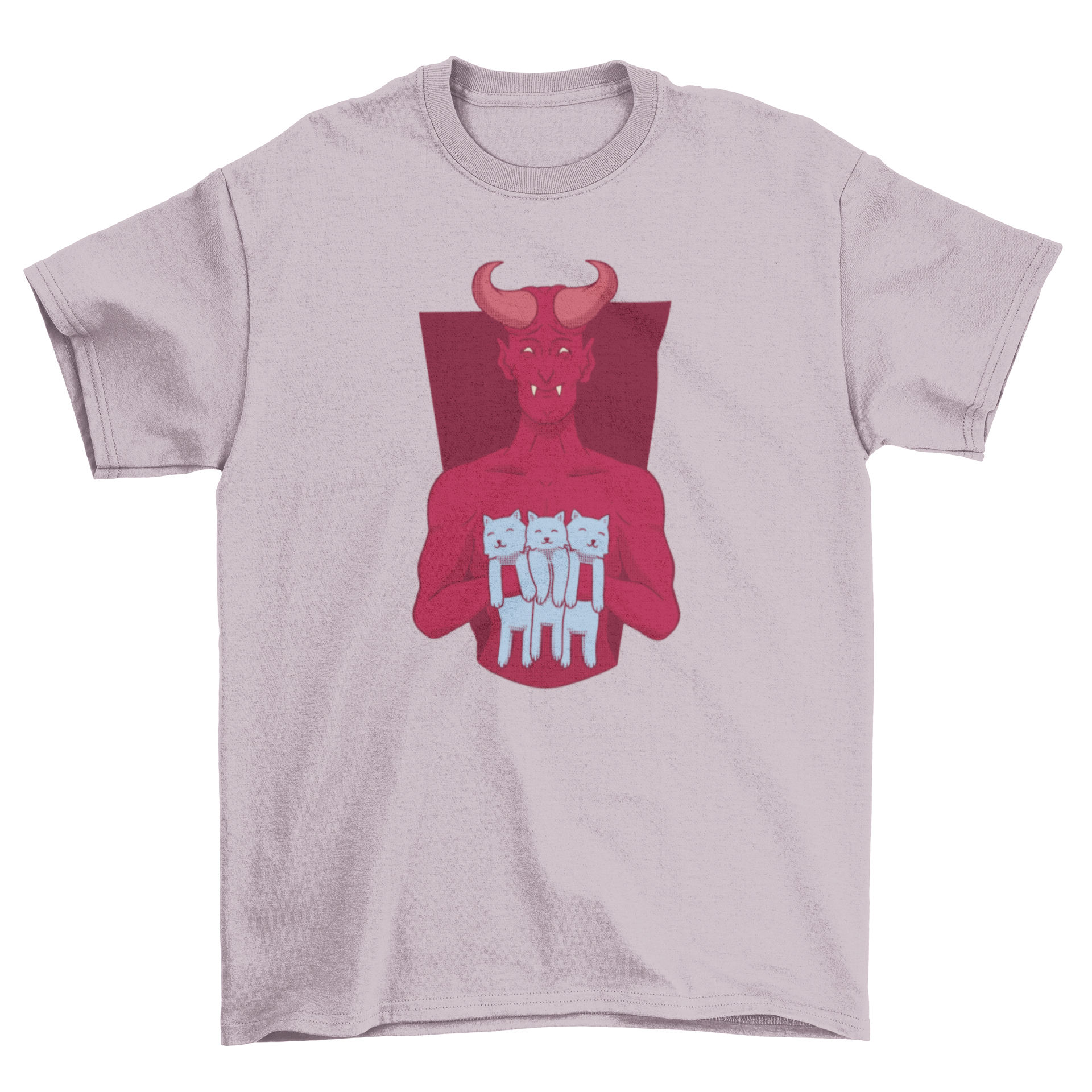 A playful t-shirt featuring a devil holding three adorable kittens, showcasing a whimsical design perfect for cat lovers.