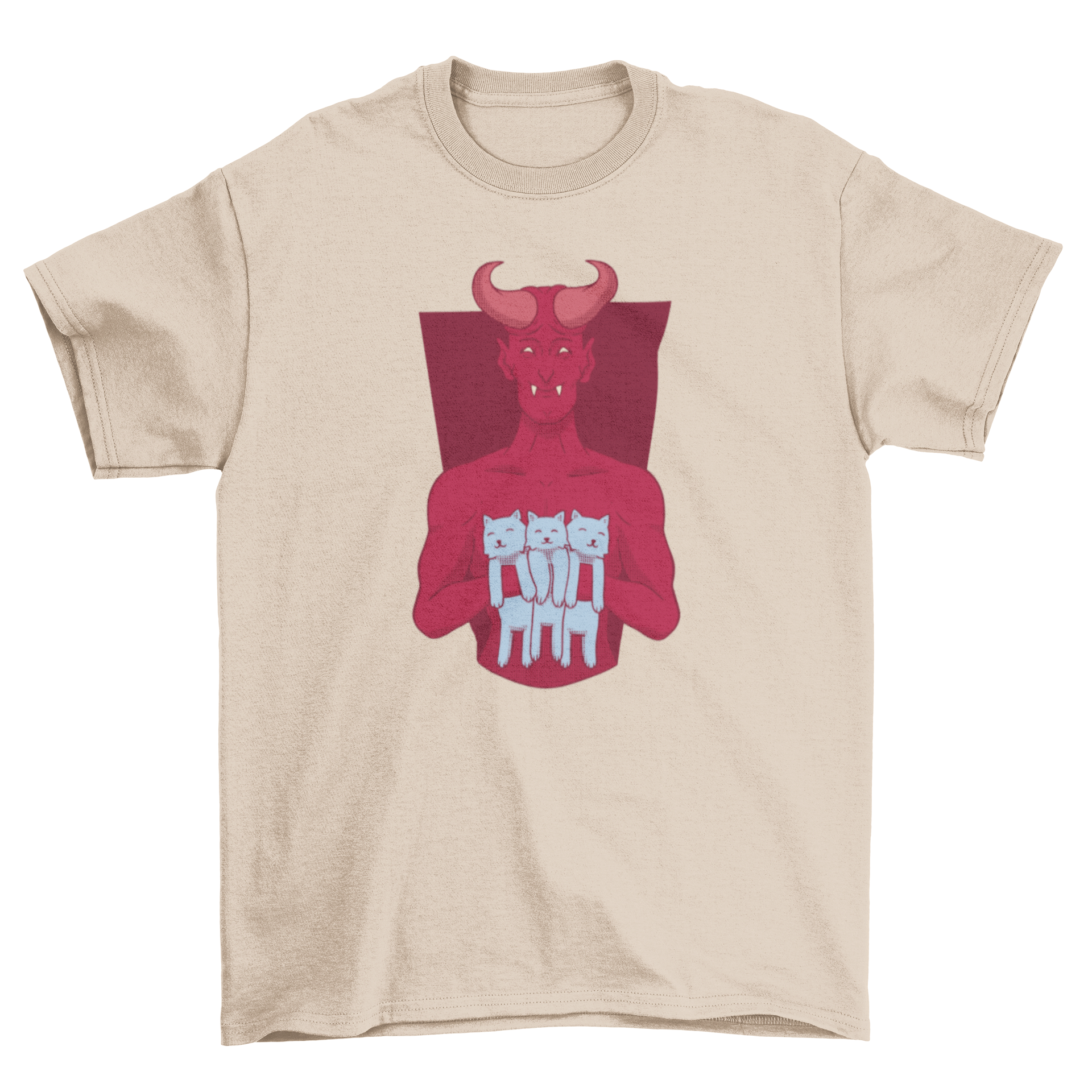 A playful t-shirt featuring a devil holding three adorable kittens, showcasing a whimsical design perfect for cat lovers.