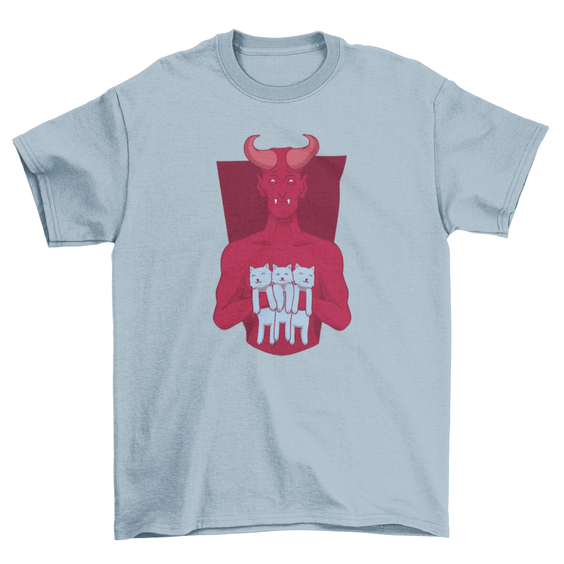 A playful t-shirt featuring a devil holding three adorable kittens, showcasing a whimsical design perfect for cat lovers.
