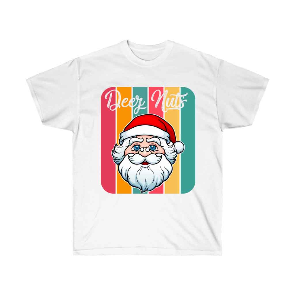 Deez Nuts Christmas T-shirt featuring a humorous design, made from 100% soft cotton, perfect for holiday celebrations.