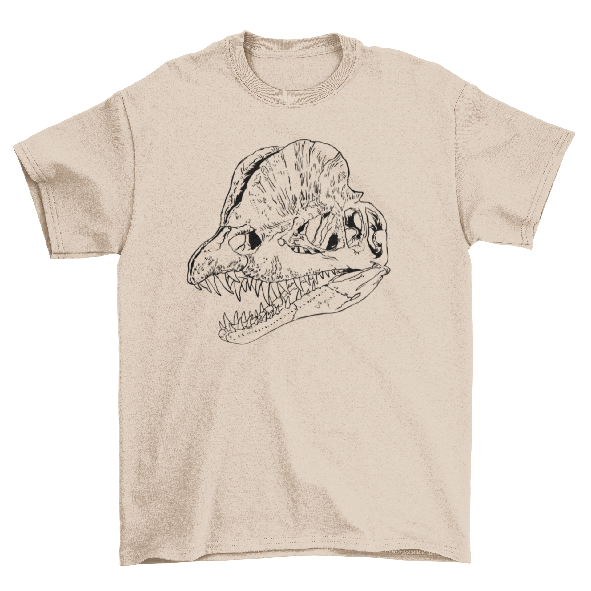 A stylish t-shirt featuring a detailed Dilophosaurus skull design, perfect for archaeology enthusiasts.