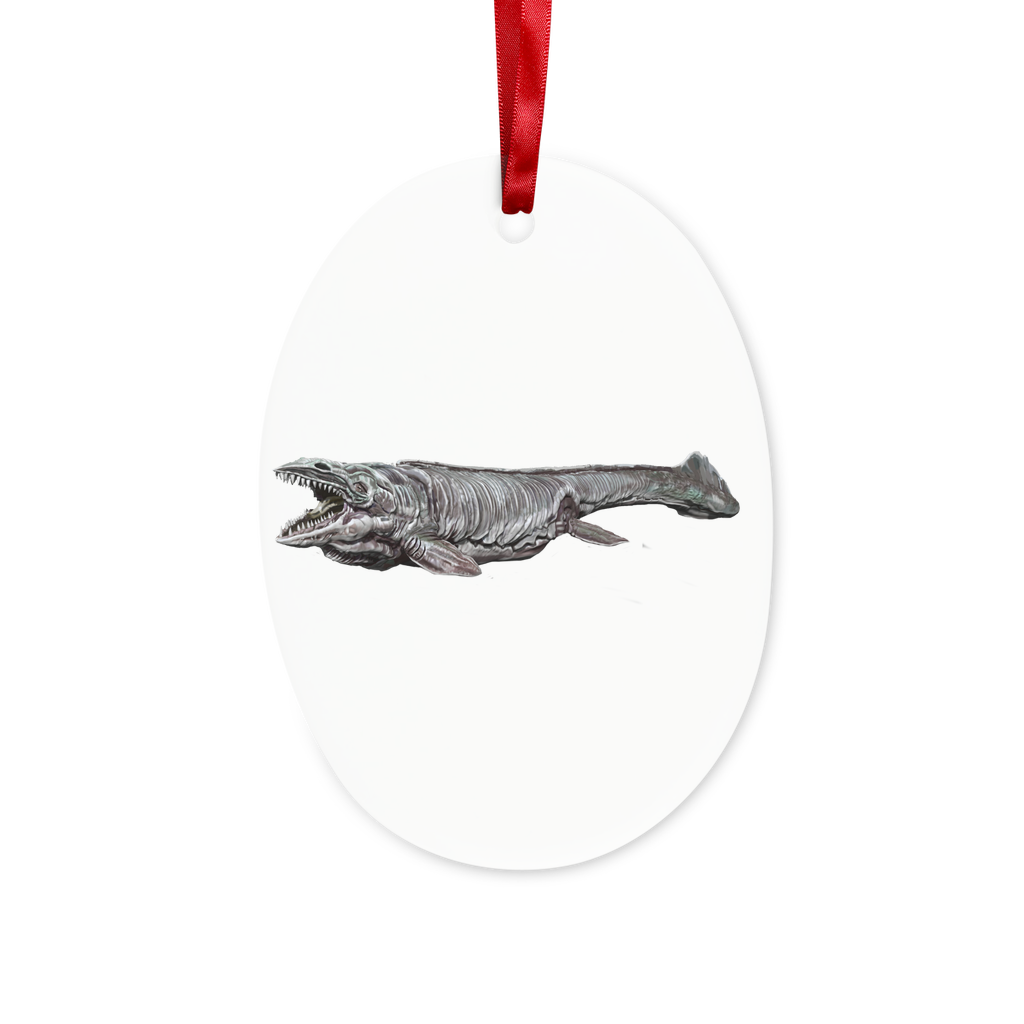 Dino Sea Creature Ceramic Hanging Ornament with red ribbon and gold string, perfect for Christmas decoration.
