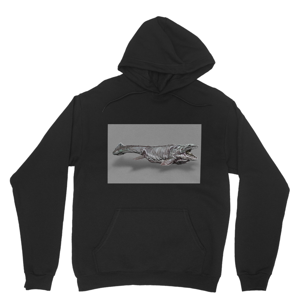 Dino Sea Creature Classic Adult Hoodie featuring a double fabric hood and kangaroo pouch pocket, made from soft cotton faced fabric.