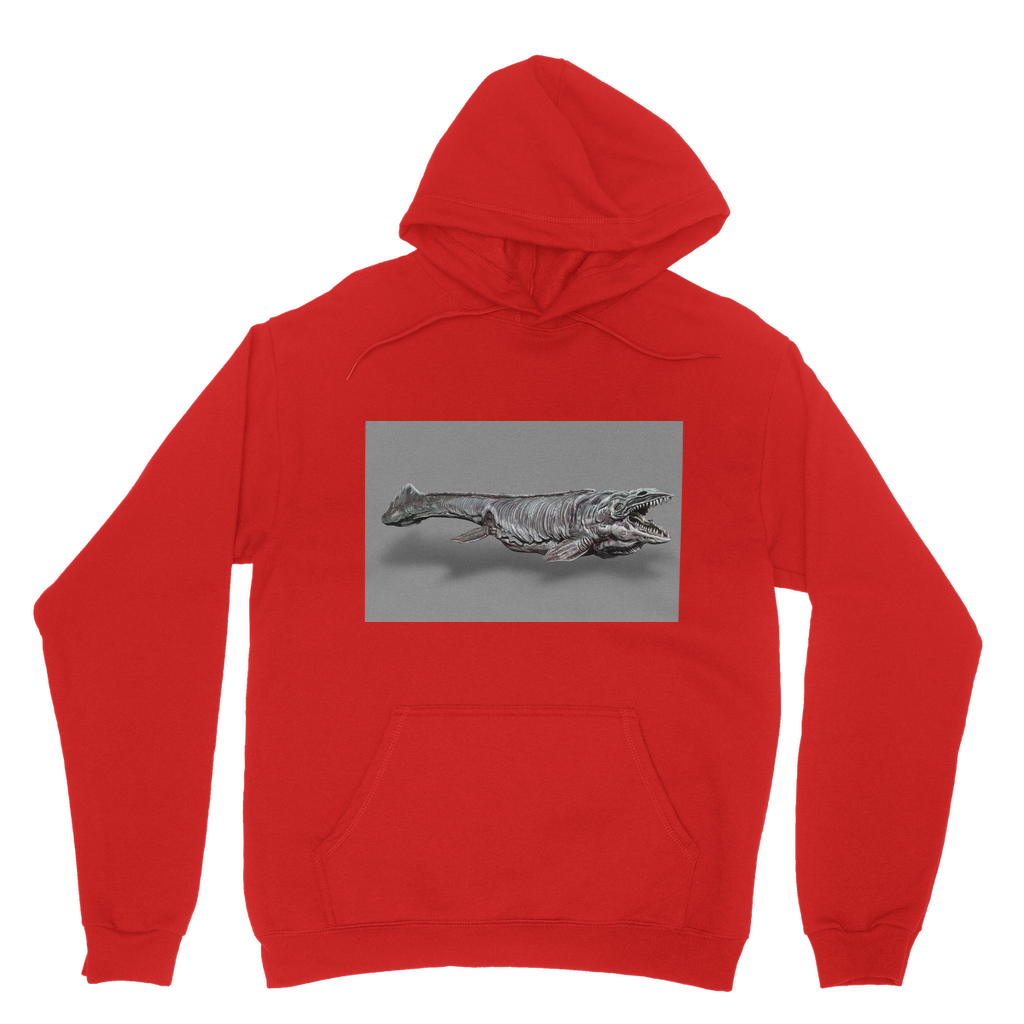 Dino Sea Creature Classic Adult Hoodie featuring a double fabric hood and kangaroo pouch pocket, made from soft cotton faced fabric.