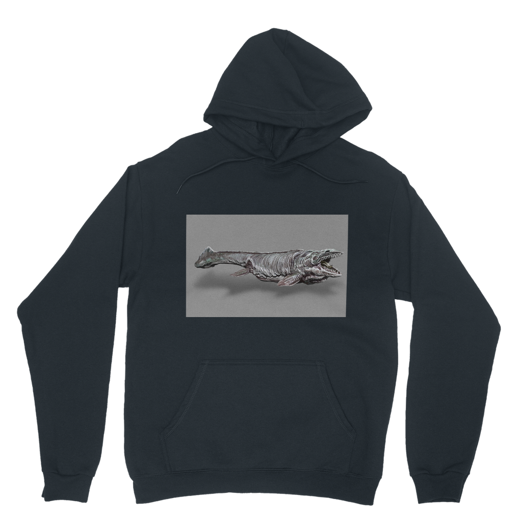 Dino Sea Creature Classic Adult Hoodie featuring a double fabric hood and kangaroo pouch pocket, made from soft cotton faced fabric.