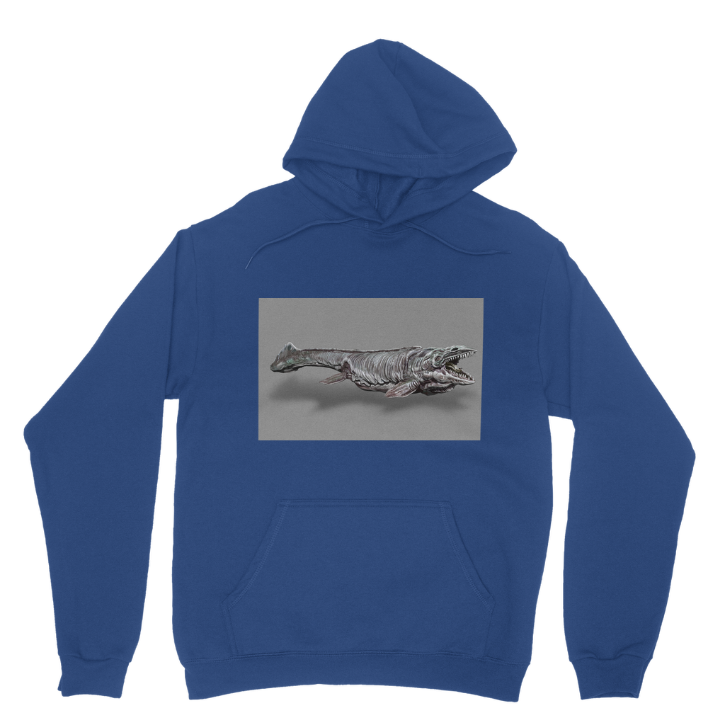 Dino Sea Creature Classic Adult Hoodie featuring a double fabric hood and kangaroo pouch pocket, made from soft cotton faced fabric.