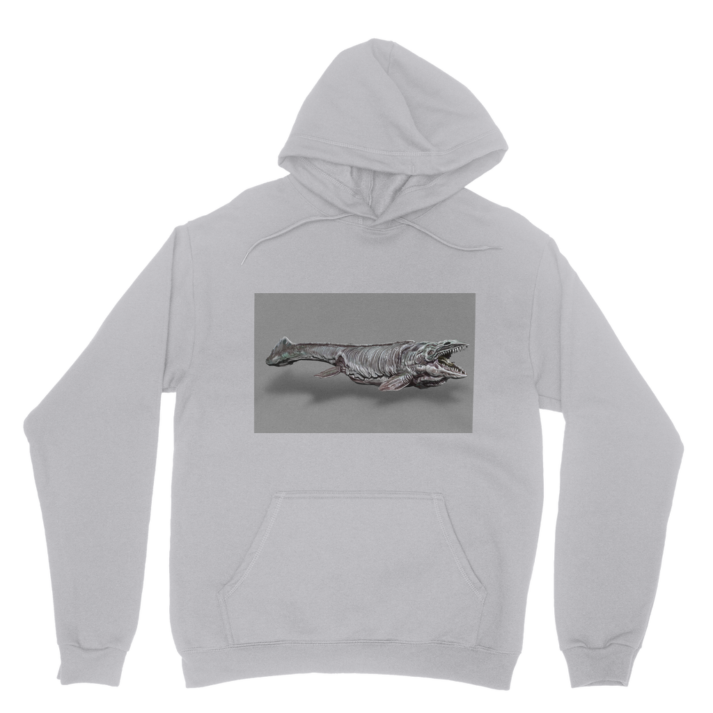 Dino Sea Creature Classic Adult Hoodie featuring a double fabric hood and kangaroo pouch pocket, made from soft cotton faced fabric.