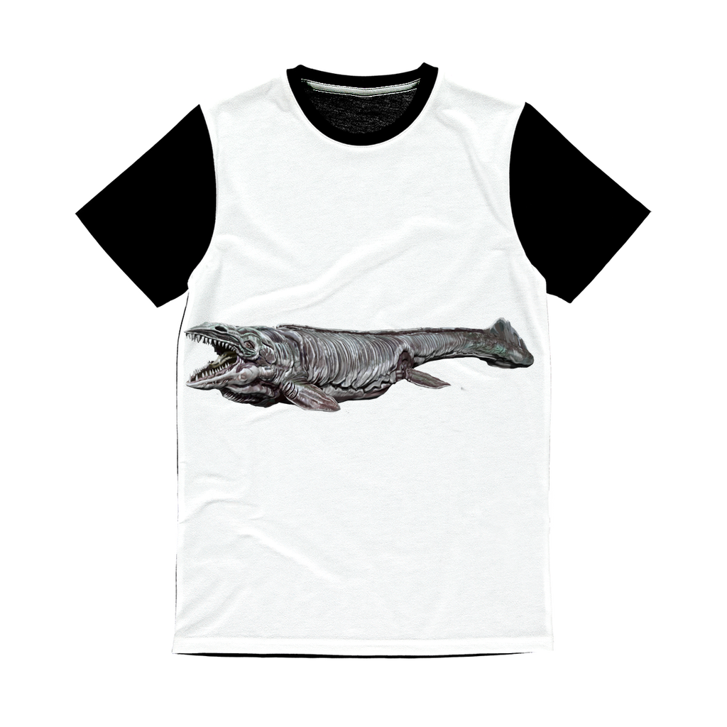 Dino Sea Creature Classic Sublimation Panel T-Shirt featuring vibrant marine designs on the front and a plain black back.