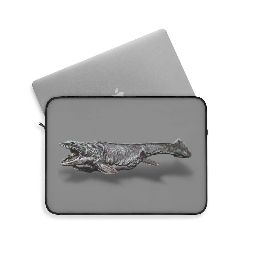 Dino Sea Creature Laptop Sleeve featuring a vibrant design on one side and a sleek black backside, perfect for protecting laptops.