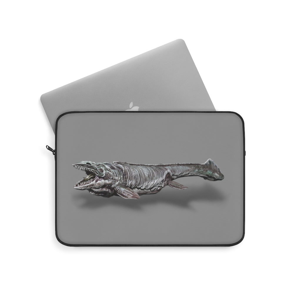 Dino Sea Creature Laptop Sleeve featuring a vibrant design on one side and a sleek black backside, perfect for protecting laptops.