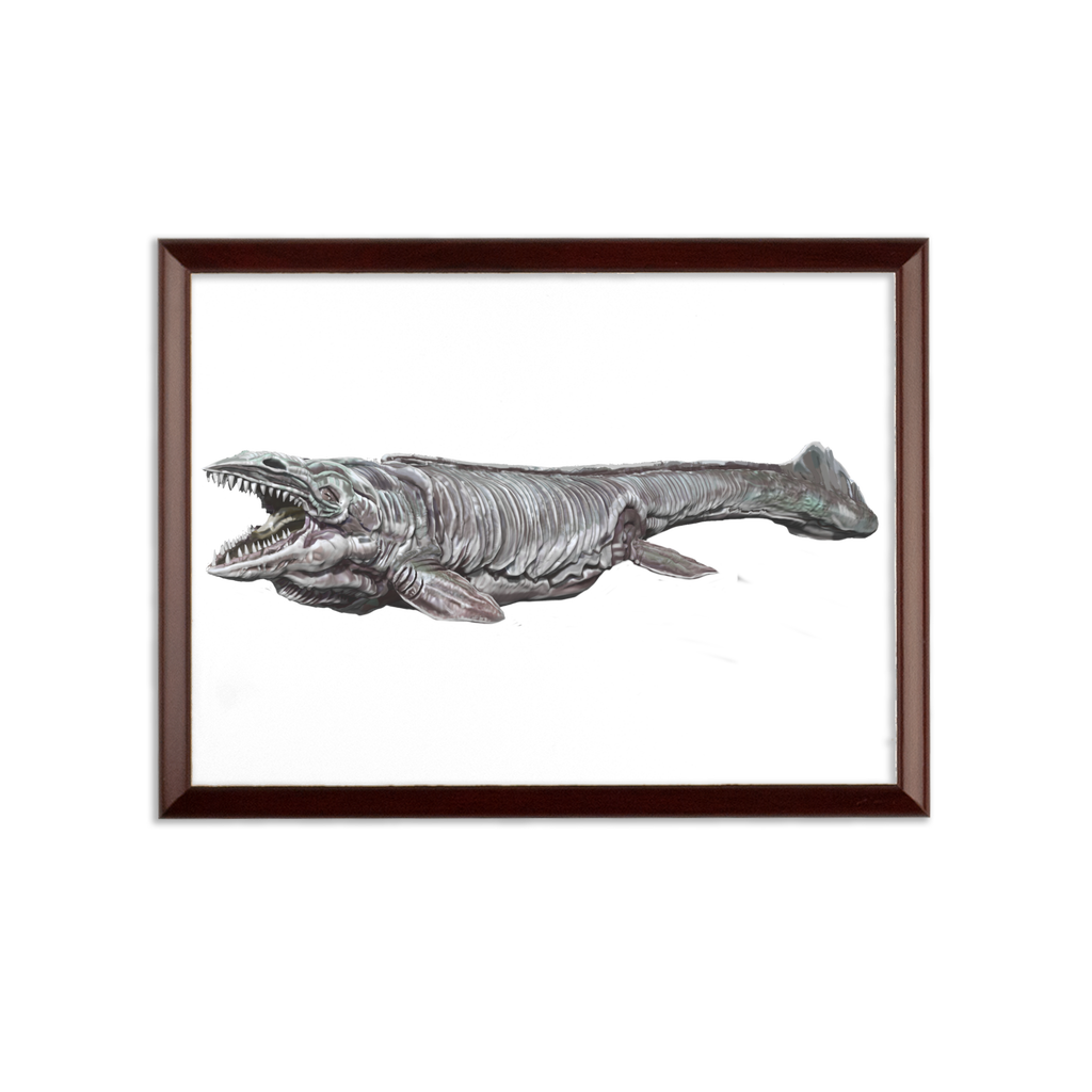 Dino Sea Creature Sublimation Wall Plaque with brown wooden frame and white printable surface, showcasing vibrant colors and customizable design.