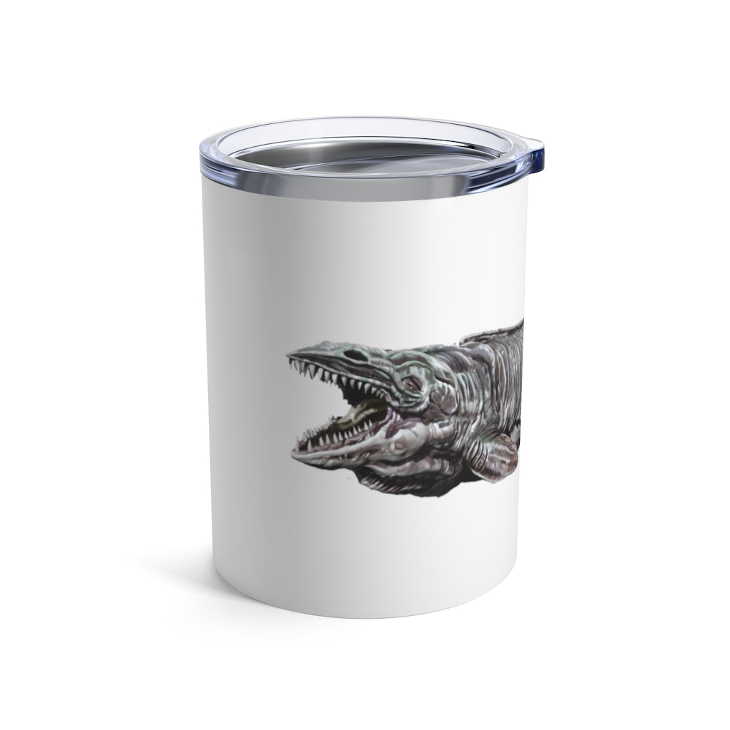 Dino Sea Creature Tumbler 10oz featuring a fun design, stainless steel body, and a see-thru plastic lid.