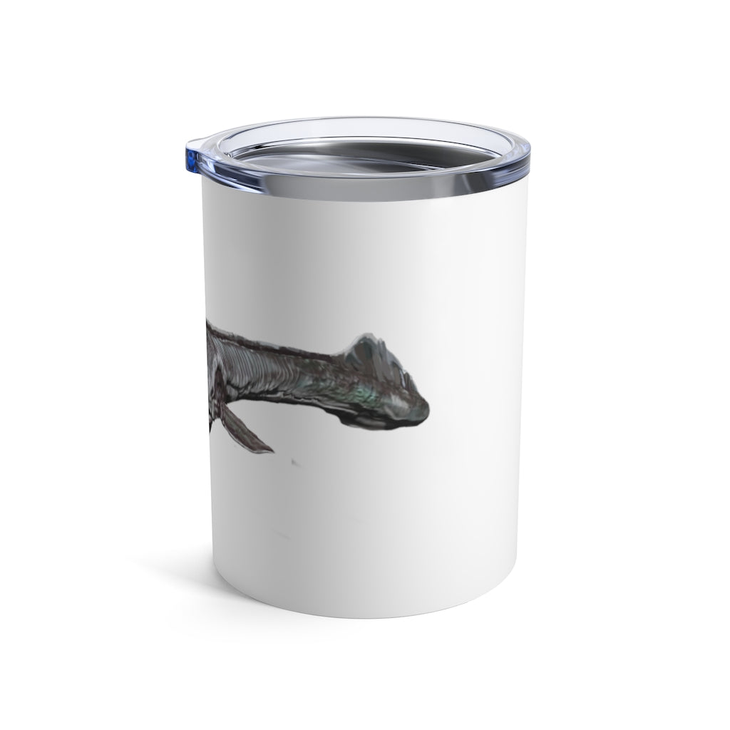 Dino Sea Creature Tumbler 10oz featuring a fun design, stainless steel body, and a see-thru plastic lid.