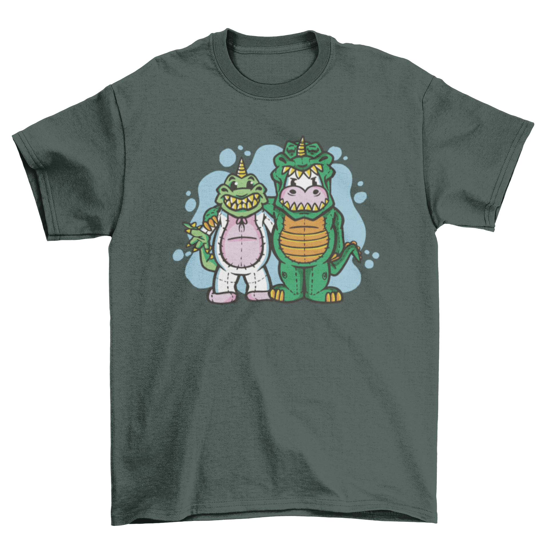 A colorful t-shirt featuring a dinosaur and unicorn in costume exchange, showcasing a playful and whimsical design.