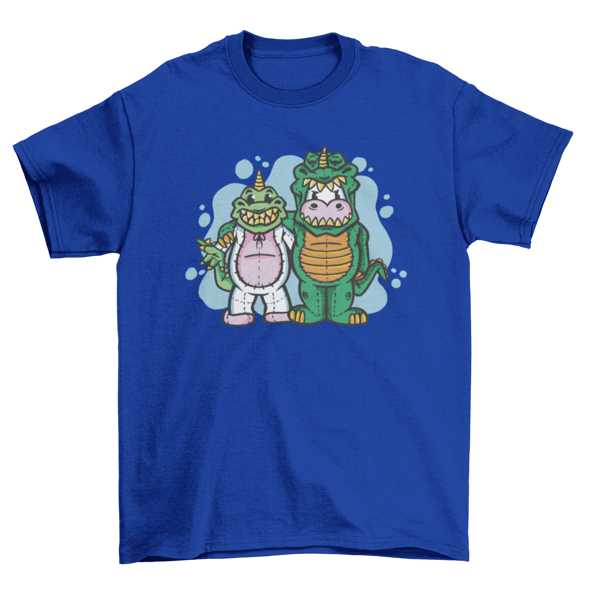 A colorful t-shirt featuring a dinosaur and unicorn in costume exchange, showcasing a playful and whimsical design.