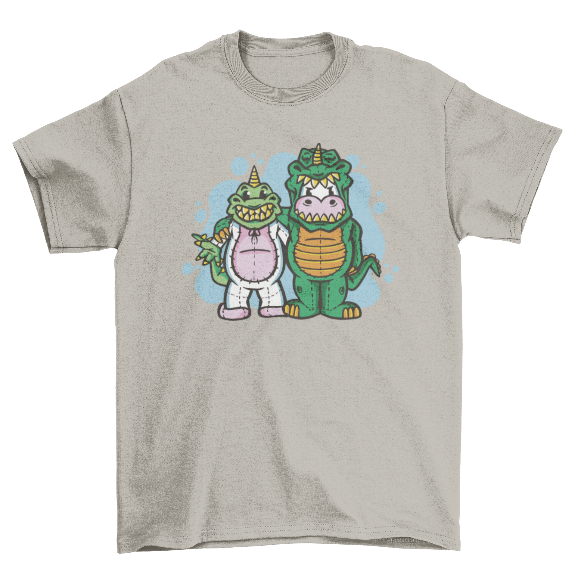 A colorful t-shirt featuring a dinosaur and unicorn in costume exchange, showcasing a playful and whimsical design.
