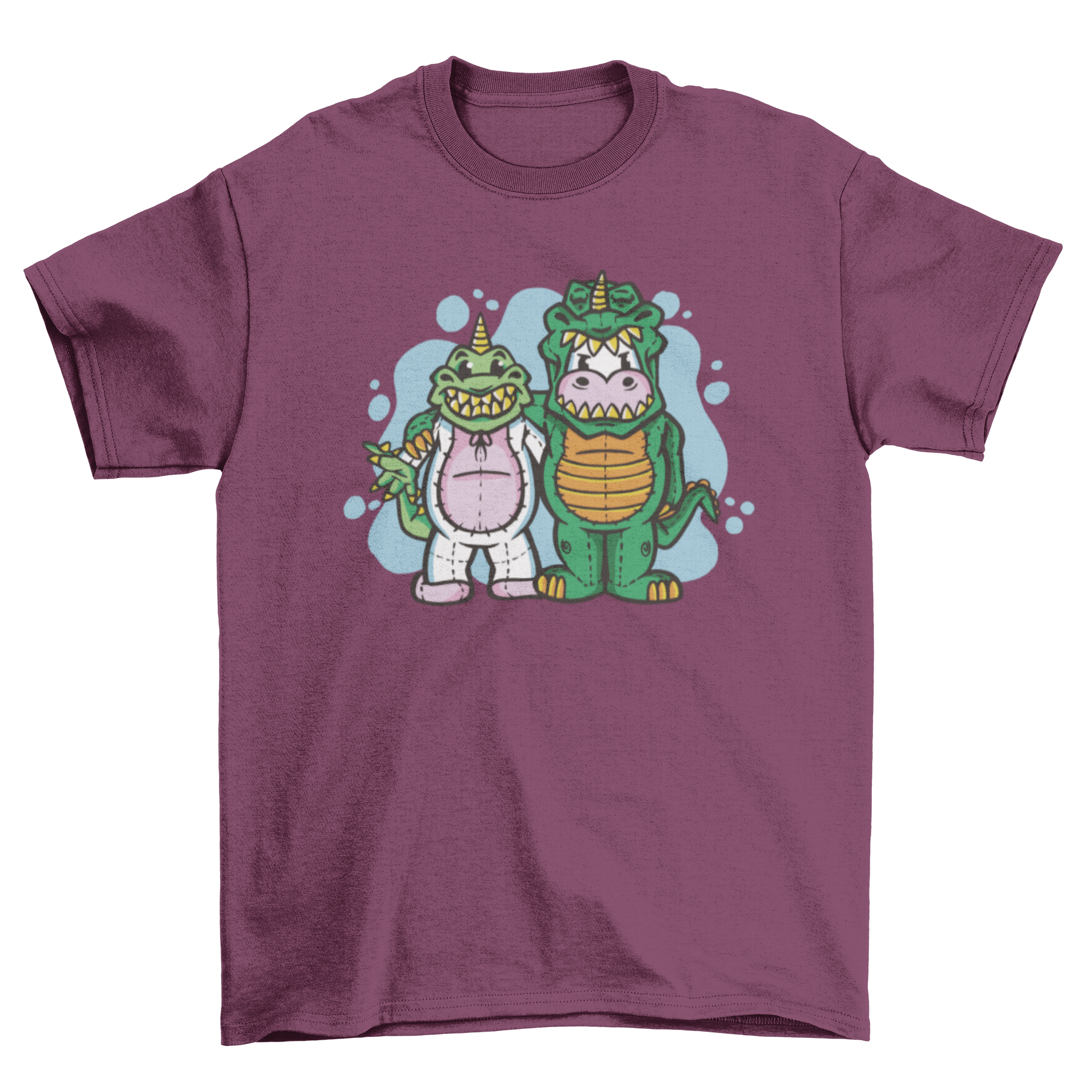 A colorful t-shirt featuring a dinosaur and unicorn in costume exchange, showcasing a playful and whimsical design.