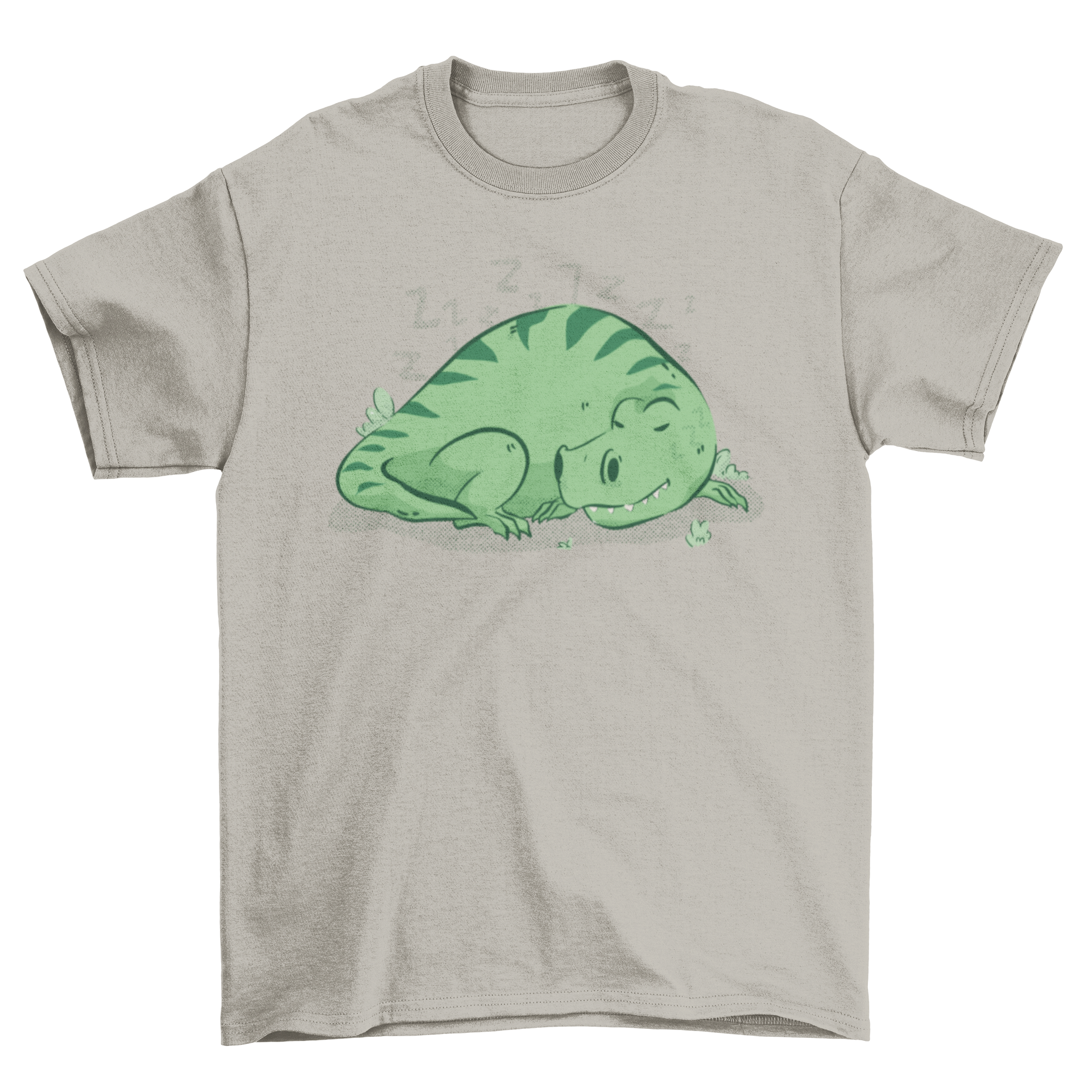 A cute t-shirt featuring a sleeping t-rex dinosaur design, perfect for dinosaur lovers.