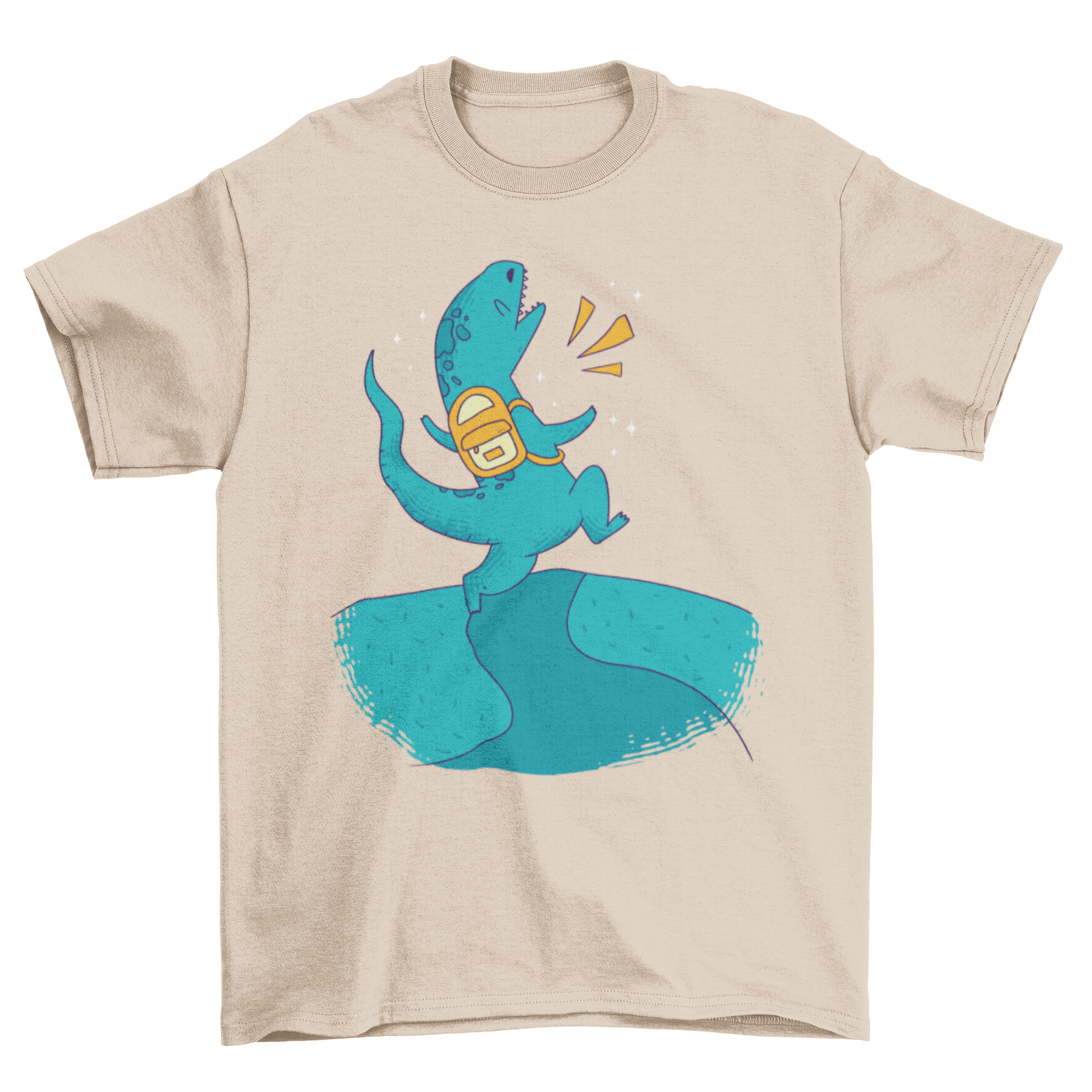 A colorful t-shirt featuring a dinosaur with a backpack walking towards a starry sky, symbolizing adventure and imagination.