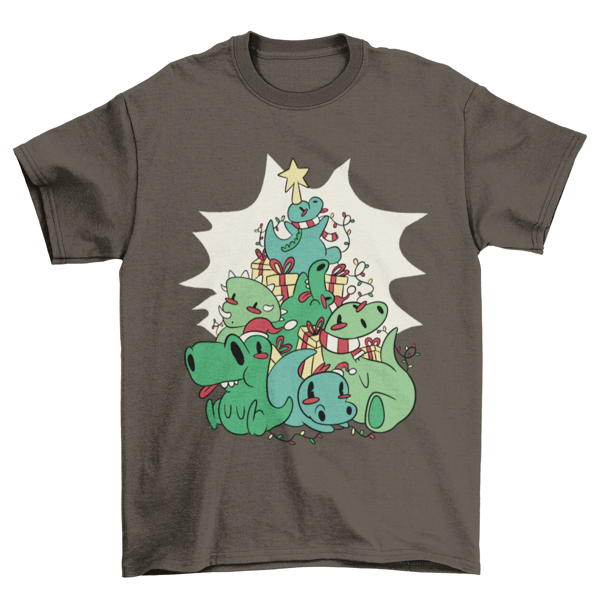 A colorful t-shirt featuring cartoon dinosaurs arranged as a Christmas tree, perfect for holiday celebrations.