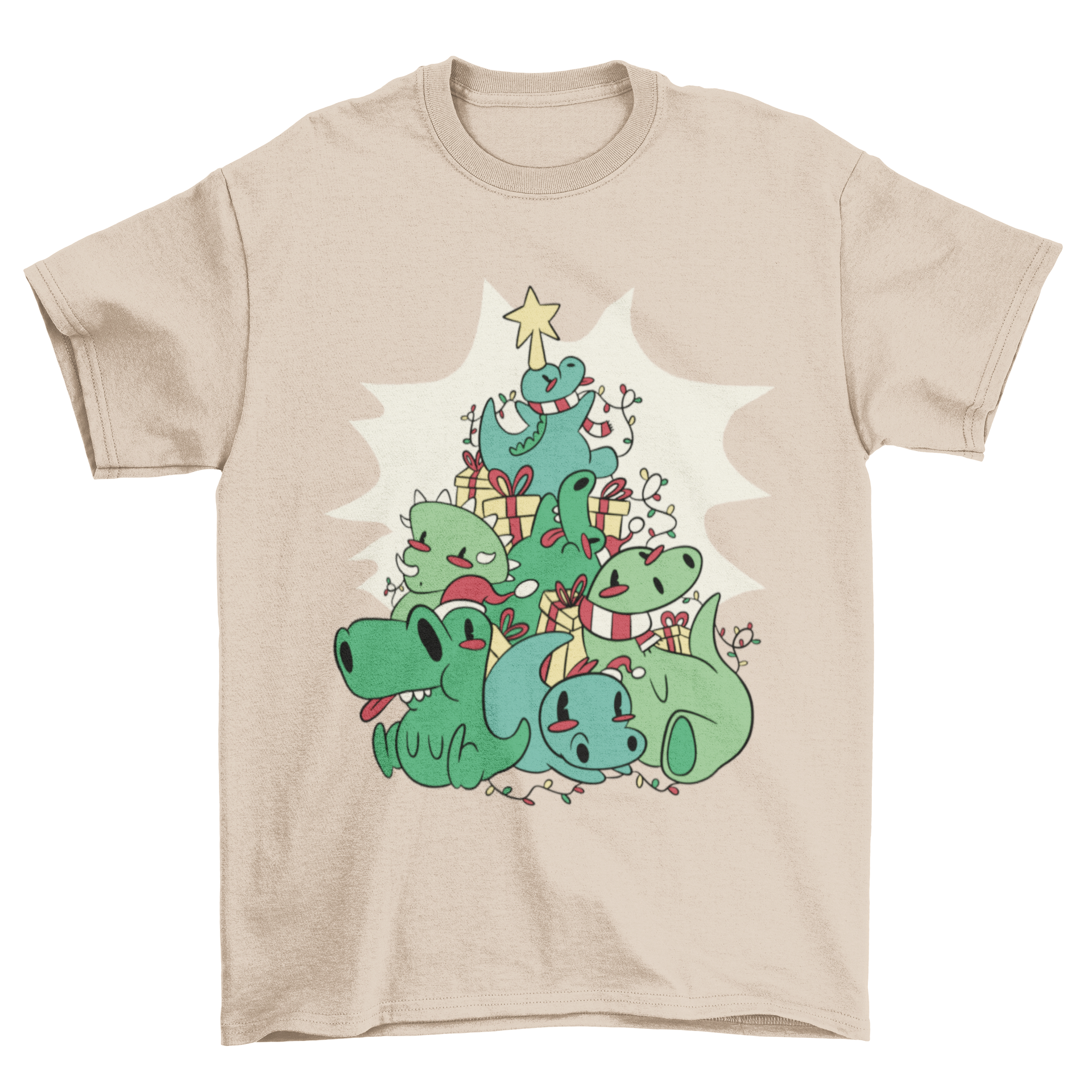 A colorful t-shirt featuring cartoon dinosaurs arranged as a Christmas tree, perfect for holiday celebrations.
