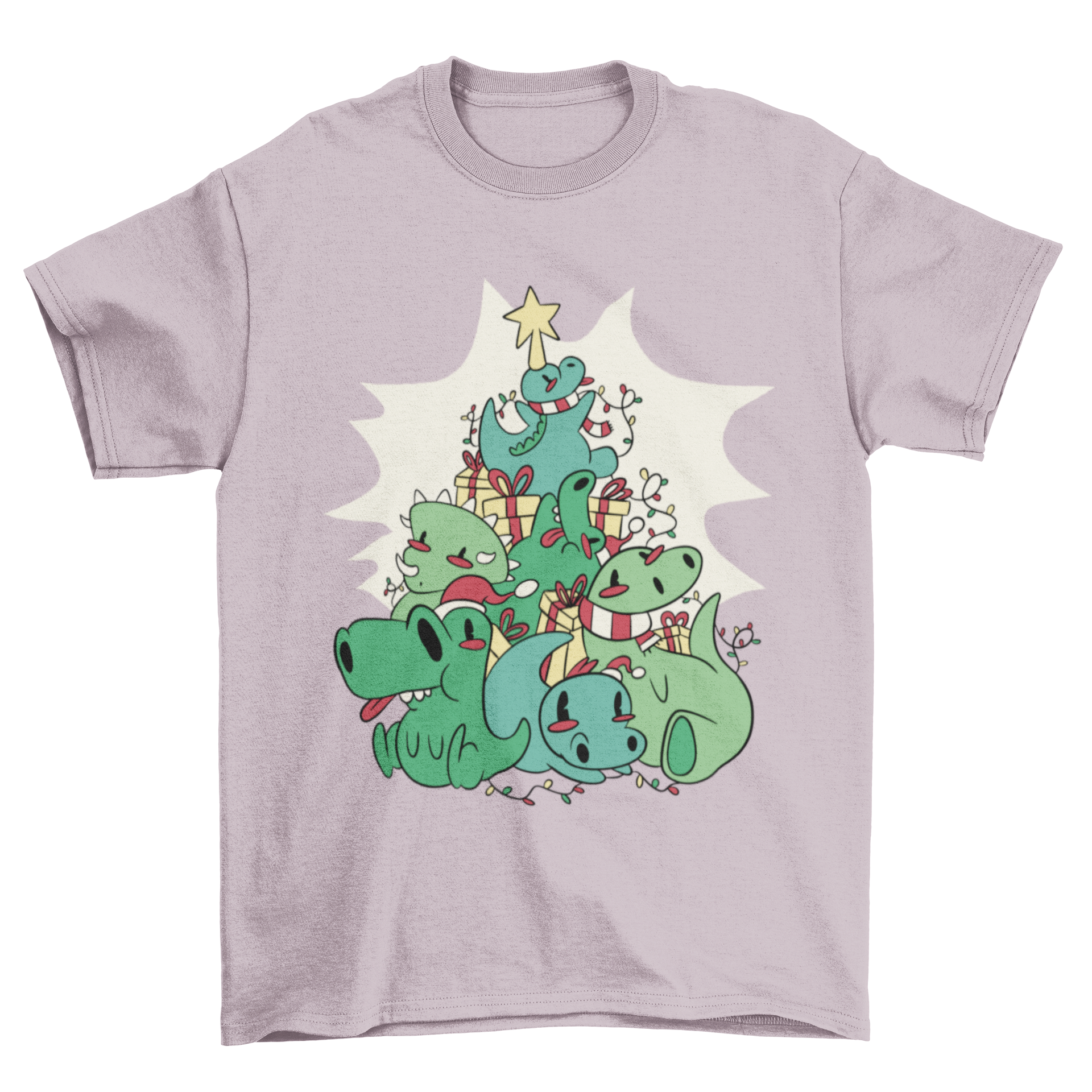 A colorful t-shirt featuring cartoon dinosaurs arranged as a Christmas tree, perfect for holiday celebrations.