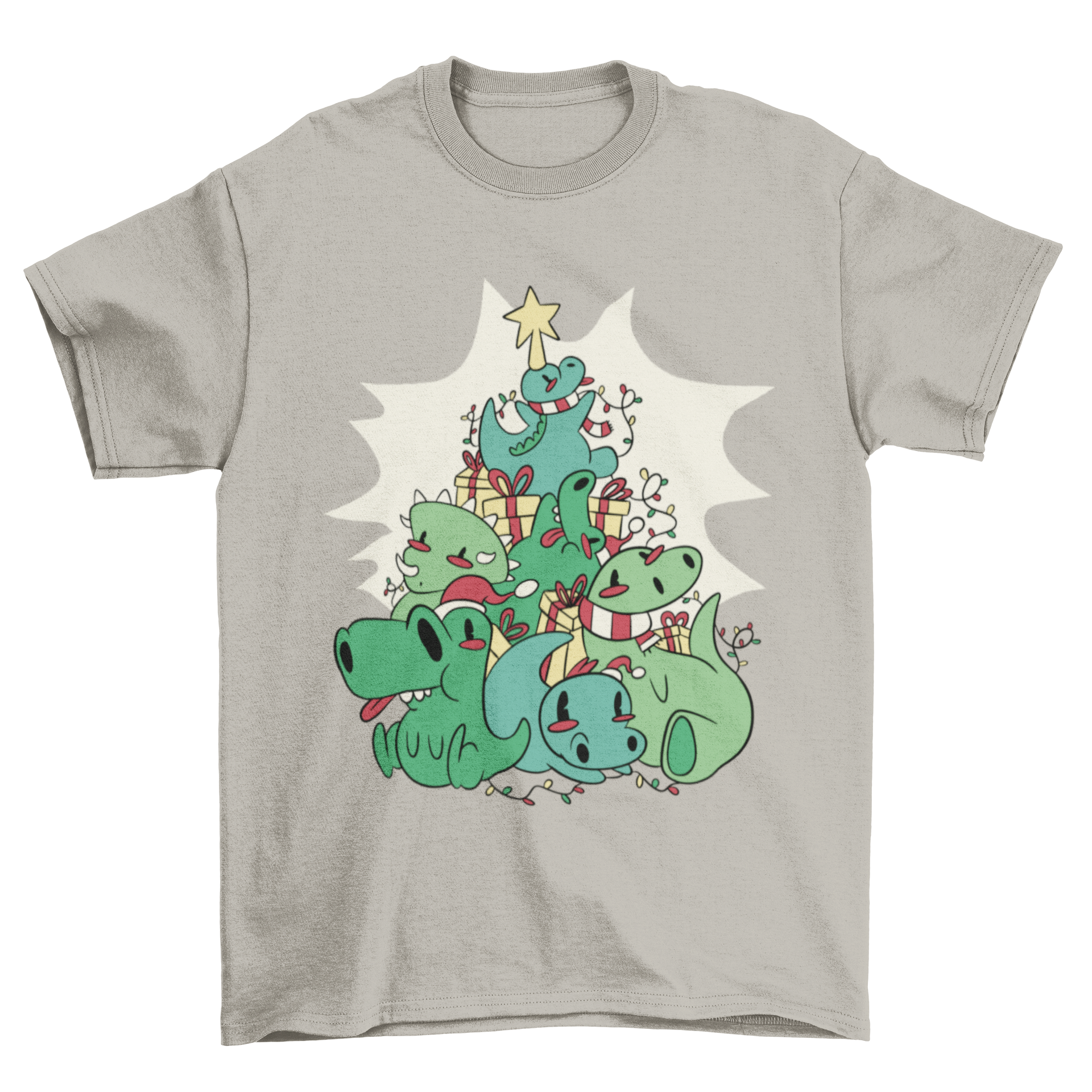 A colorful t-shirt featuring cartoon dinosaurs arranged as a Christmas tree, perfect for holiday celebrations.