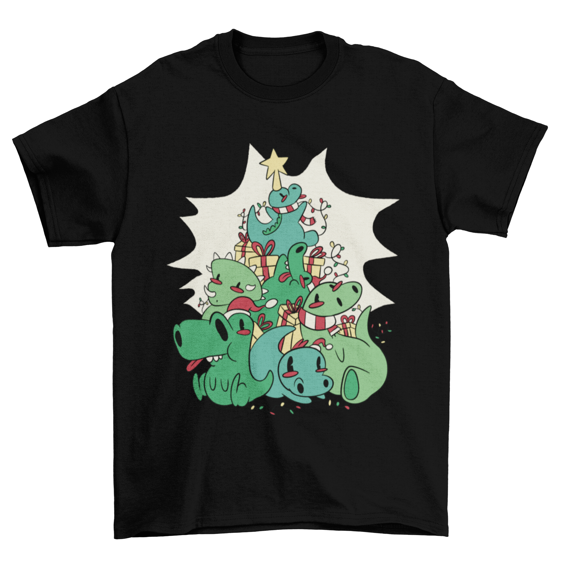 A colorful t-shirt featuring cartoon dinosaurs arranged as a Christmas tree, perfect for holiday celebrations.
