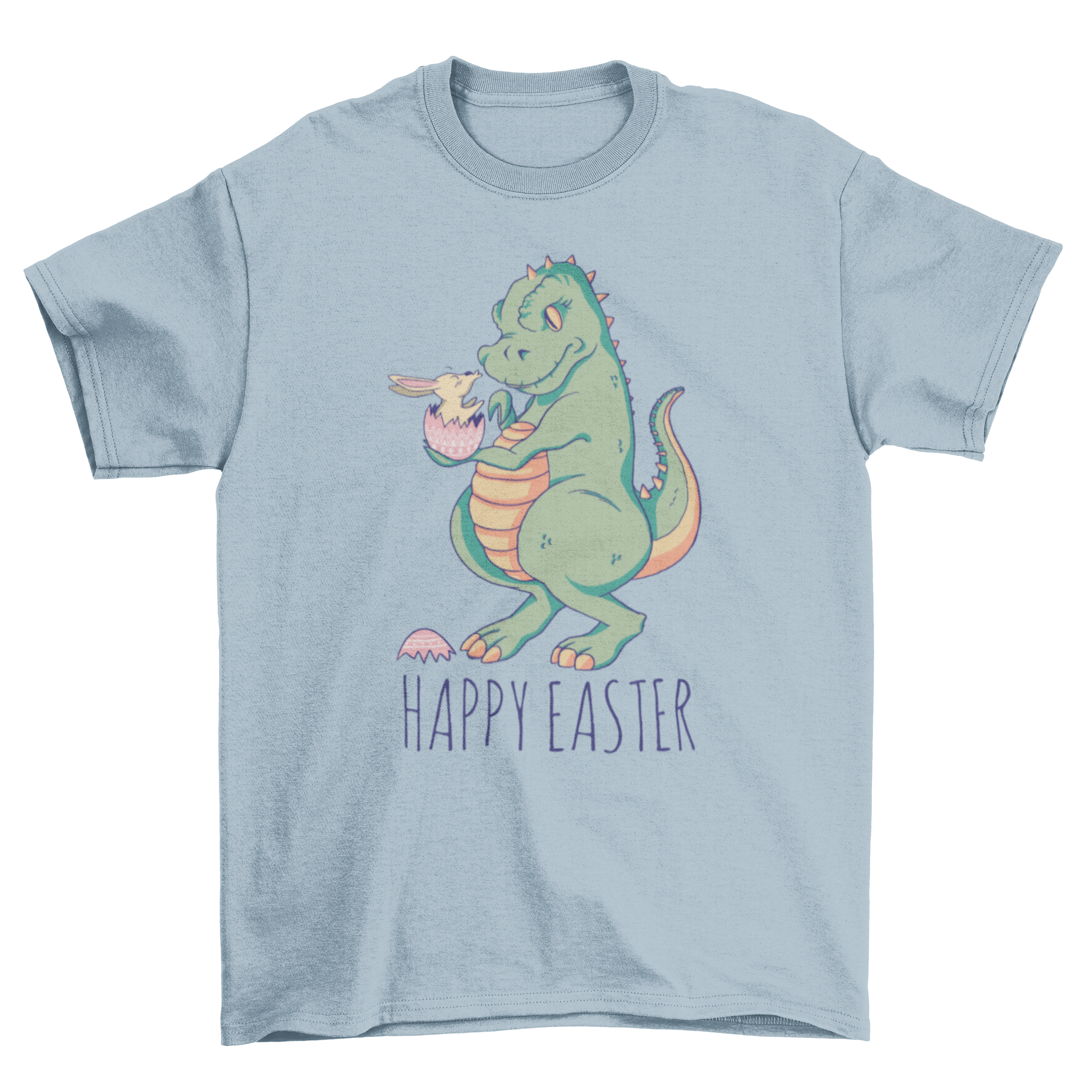 A colorful t-shirt featuring a dinosaur holding an Easter egg with a bunny inside, showcasing the quote 'Happy Easter'.