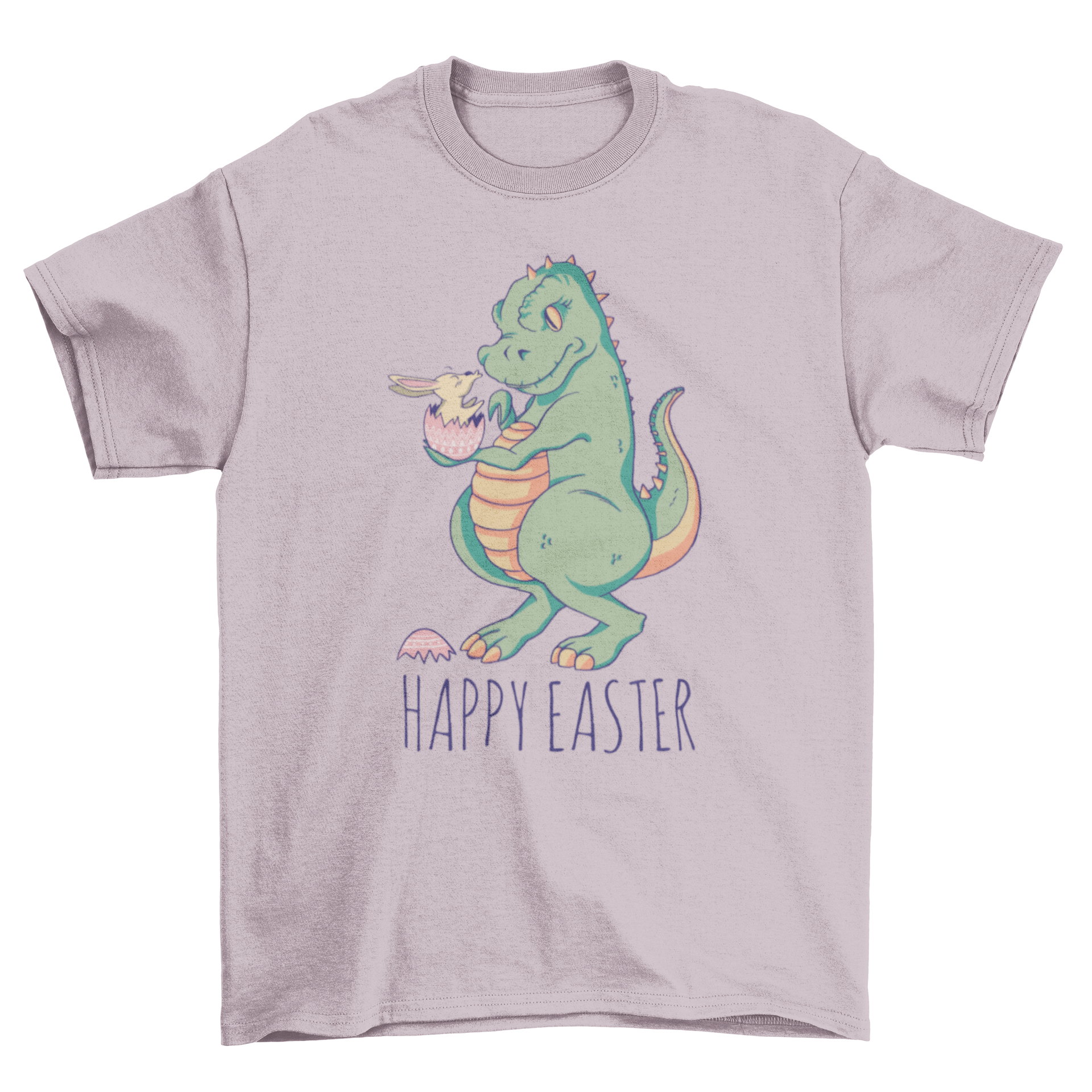 A colorful t-shirt featuring a dinosaur holding an Easter egg with a bunny inside, showcasing the quote 'Happy Easter'.