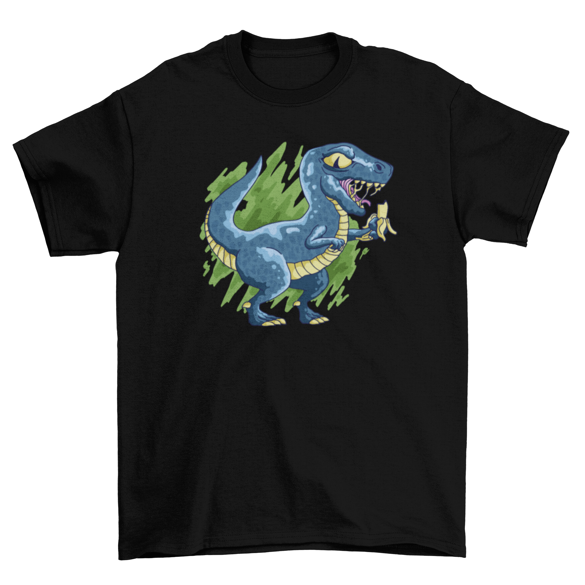 A colorful t-shirt featuring a velociraptor eating a banana, showcasing a fun and playful design.