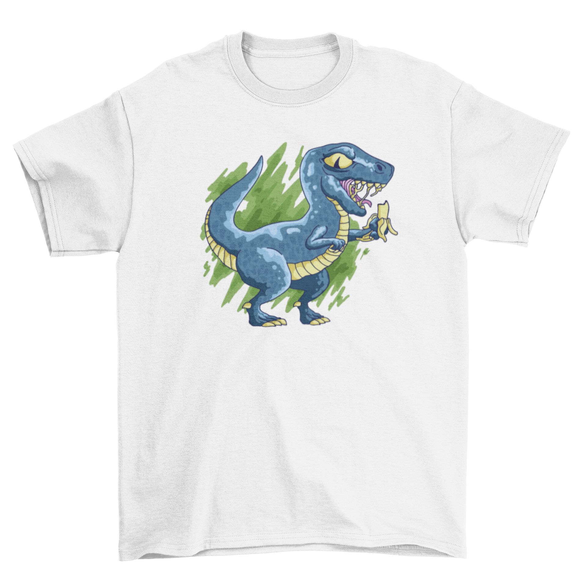 A colorful t-shirt featuring a velociraptor eating a banana, showcasing a fun and playful design.