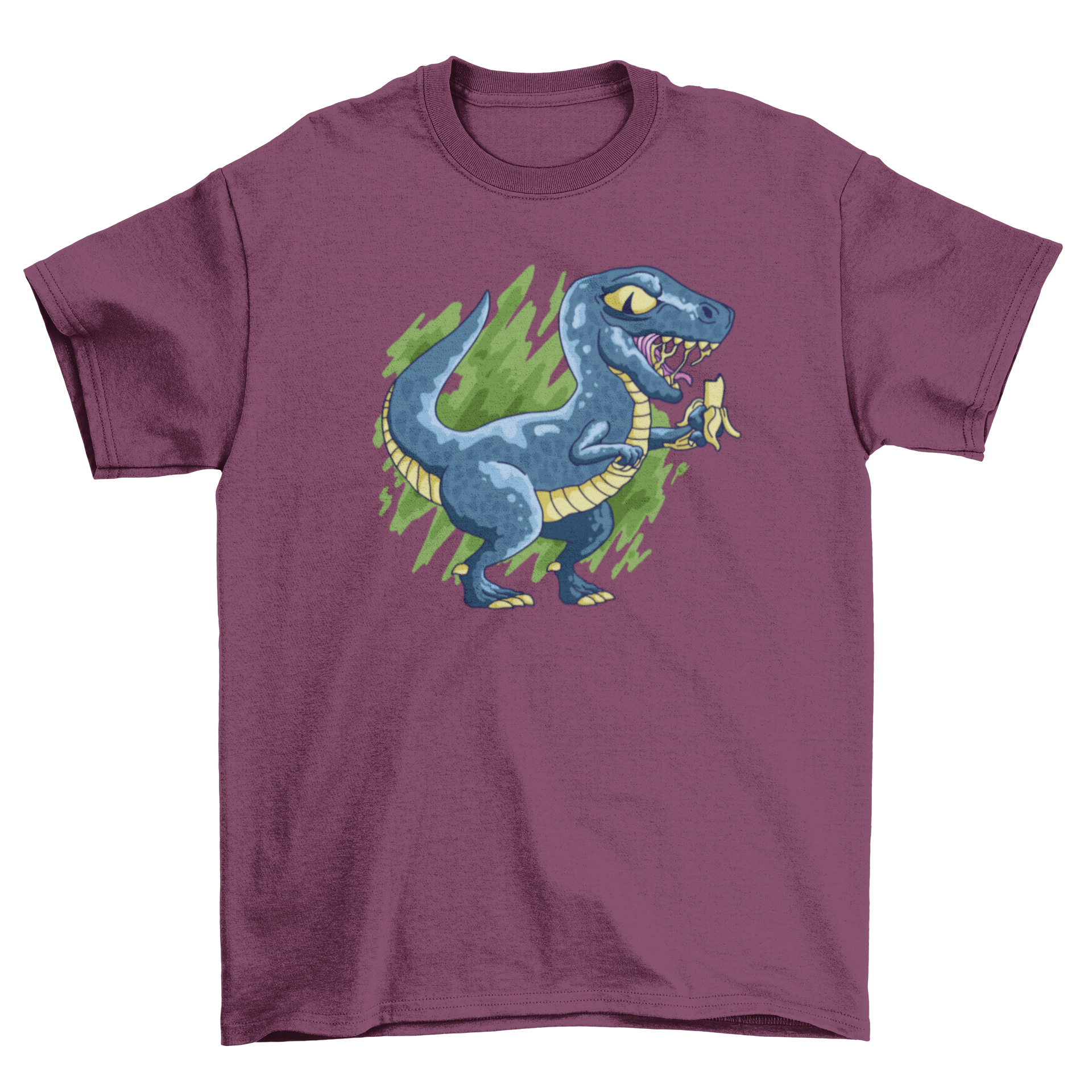 A colorful t-shirt featuring a velociraptor eating a banana, showcasing a fun and playful design.